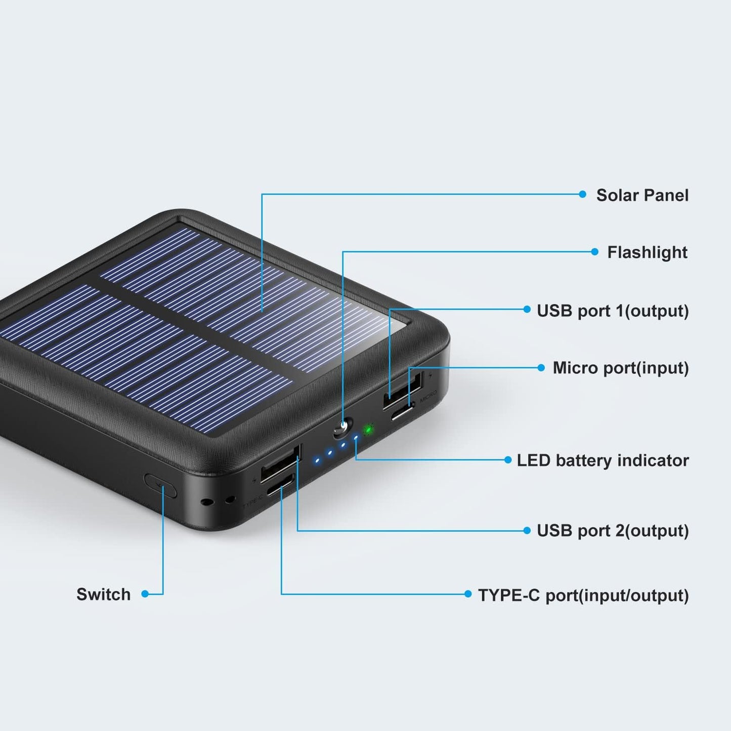 Solar Power Bank 12000mAh,Small Solar Charger Built in 4 Cables,USB C Input/Output,Dual Flashlight External Battery Portable Charger Power Bank for iPhone,Tablet,Samsung