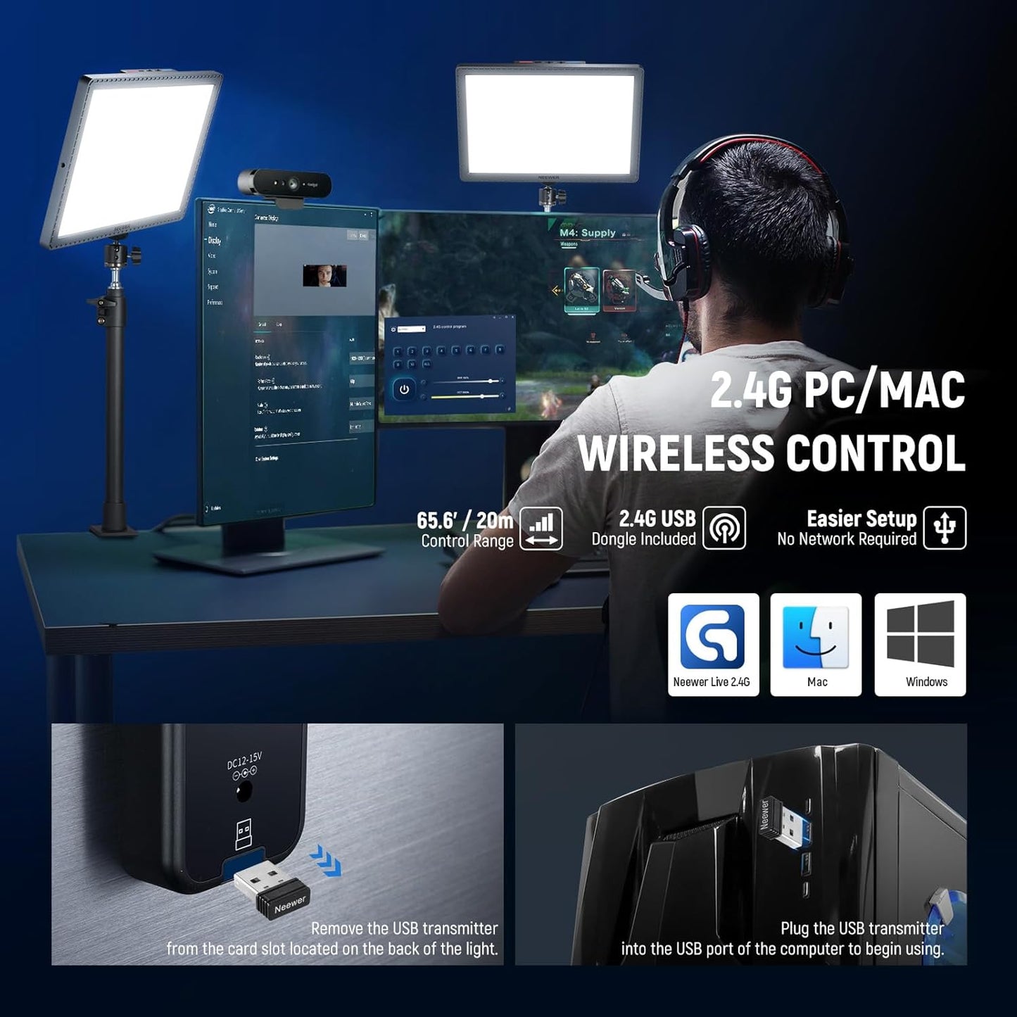 NEEWER GL1 PRO 15.5" Key Light for Streaming, Video Lighting with 2.4G PC/Mac iOS/Android APP Control, 2800LM LED Panel Light with Desk Clamp Compatible with Elgato Stream Deck for Gaming Zoom, Gray