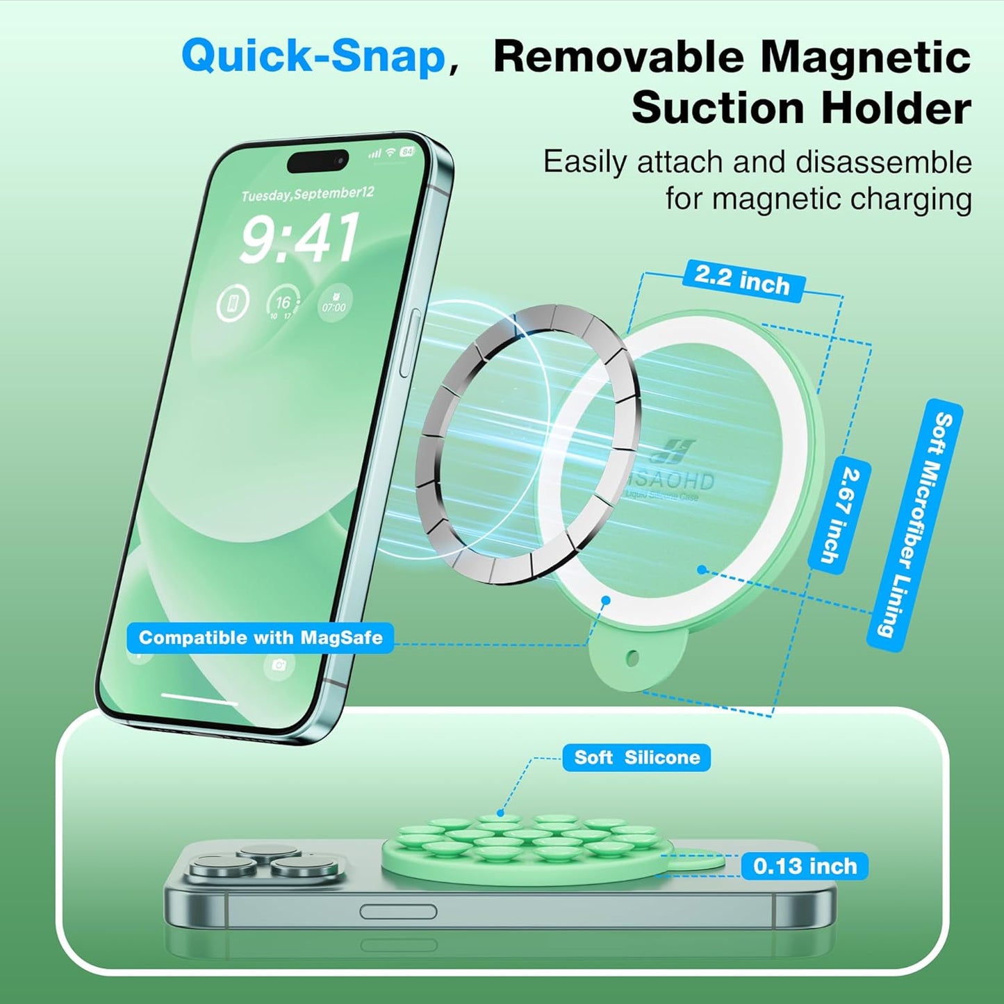 Magnetic Suction Cup Phone Mount for MagSafe Case, Silicone Hands-Free Grip Holder for iPhone and Android, Mirror Shower Phone Stand for Makeup FaceTime Gym Kitchen Bathroom, Spearmint Green