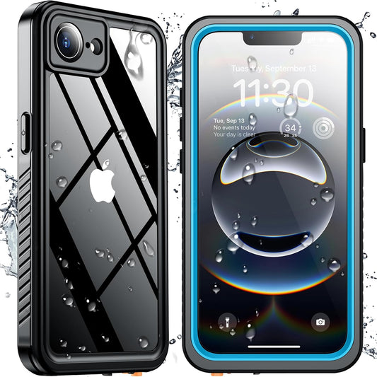 SPIDERCASE for iPhone 16e Case Waterproof,Built-in Screen & Camera Lens Protector[IP68 Underwater] [Military Grade Shockproof] Cell Phone Home Button Stickers, Blue/Clear