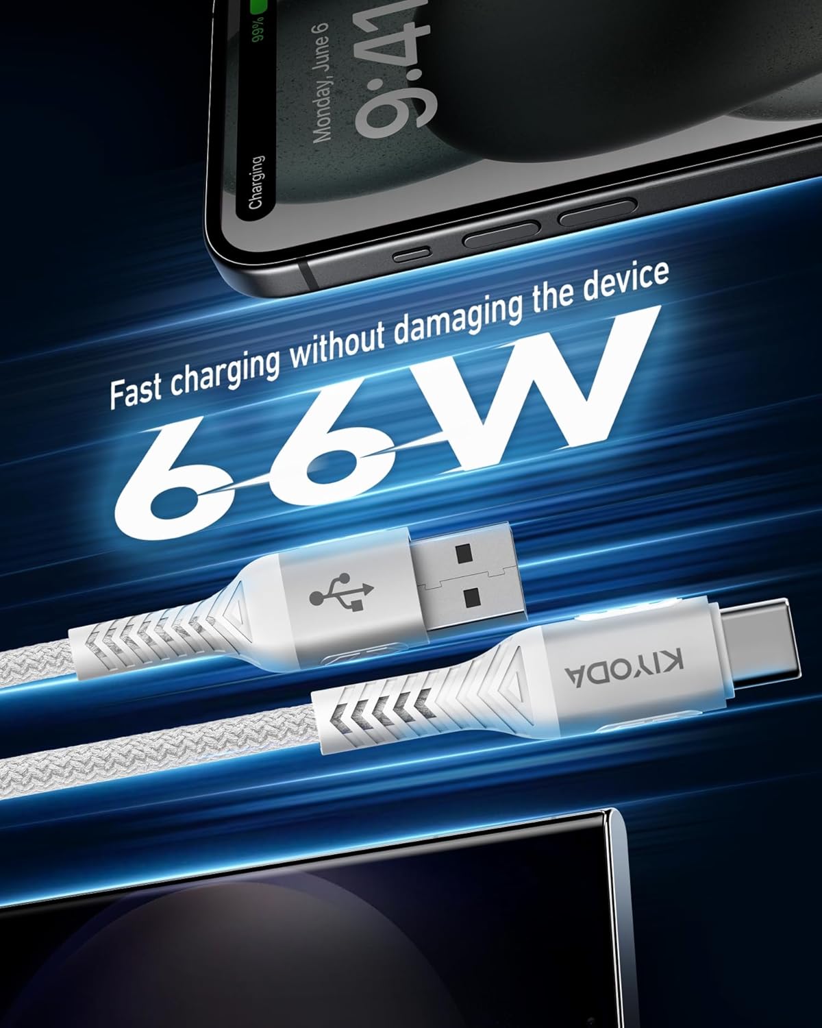 USB A to USB C Cable Fast Charging 66W, 2Pack 3FT Coiled Braided USBC Phone Charger Cables for Car, Short USB to USB Type C Cord for iPhone 17 16 15 Pro Max, Samsung Galaxy S24 S23 and More-Silver