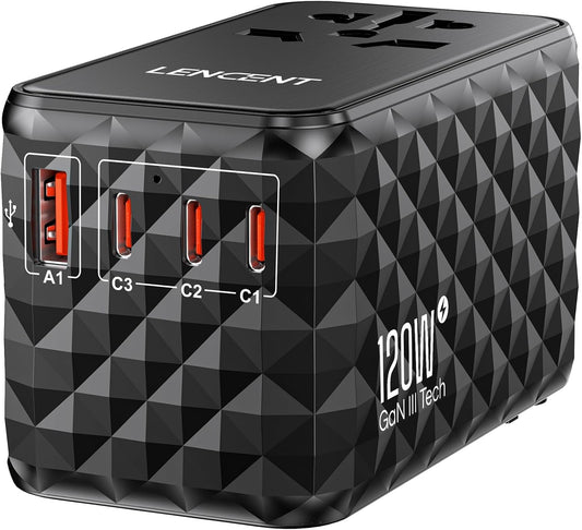 LENCENT 120W Universal Travel Adapter, GaN International Travel Adapter with 3 USB-C 1 USB-A Ports, Worldwide Fast Charger for Cameras Phones, All in One Power Converter for USA EU UK AUS Black
