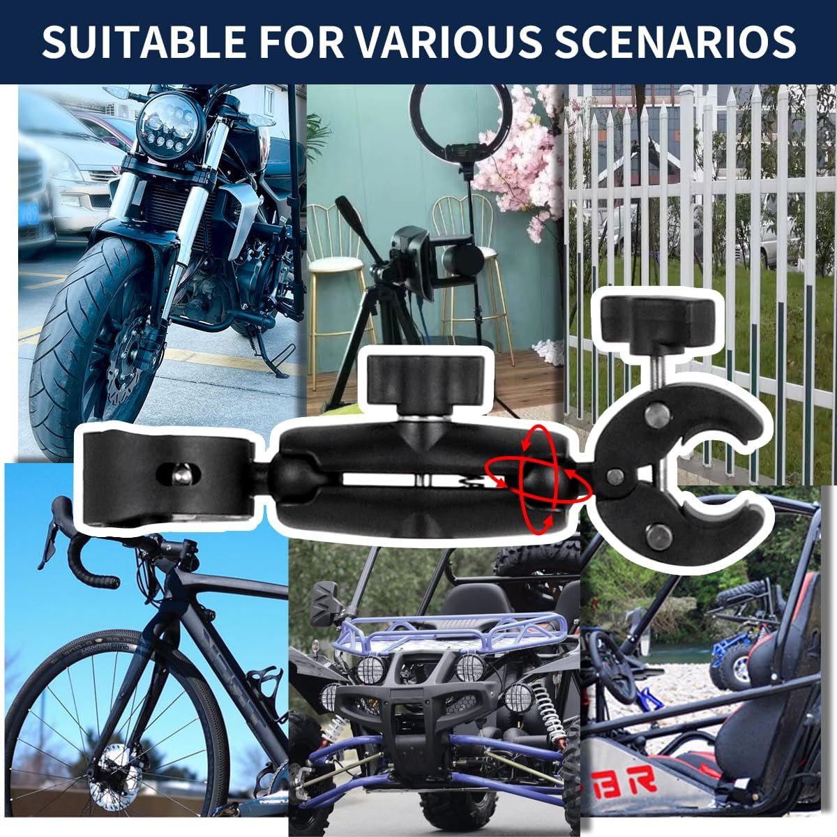 Motorcycle Bike Handlebar Double clamp Mount Invisible Selfie Stick Super Camera Clamp 360°Rotating Extendable Ballhead Magic Arm 60'' for Insta360 ONE X3 X2 X RS R Go 2 3 Action Camera, Black