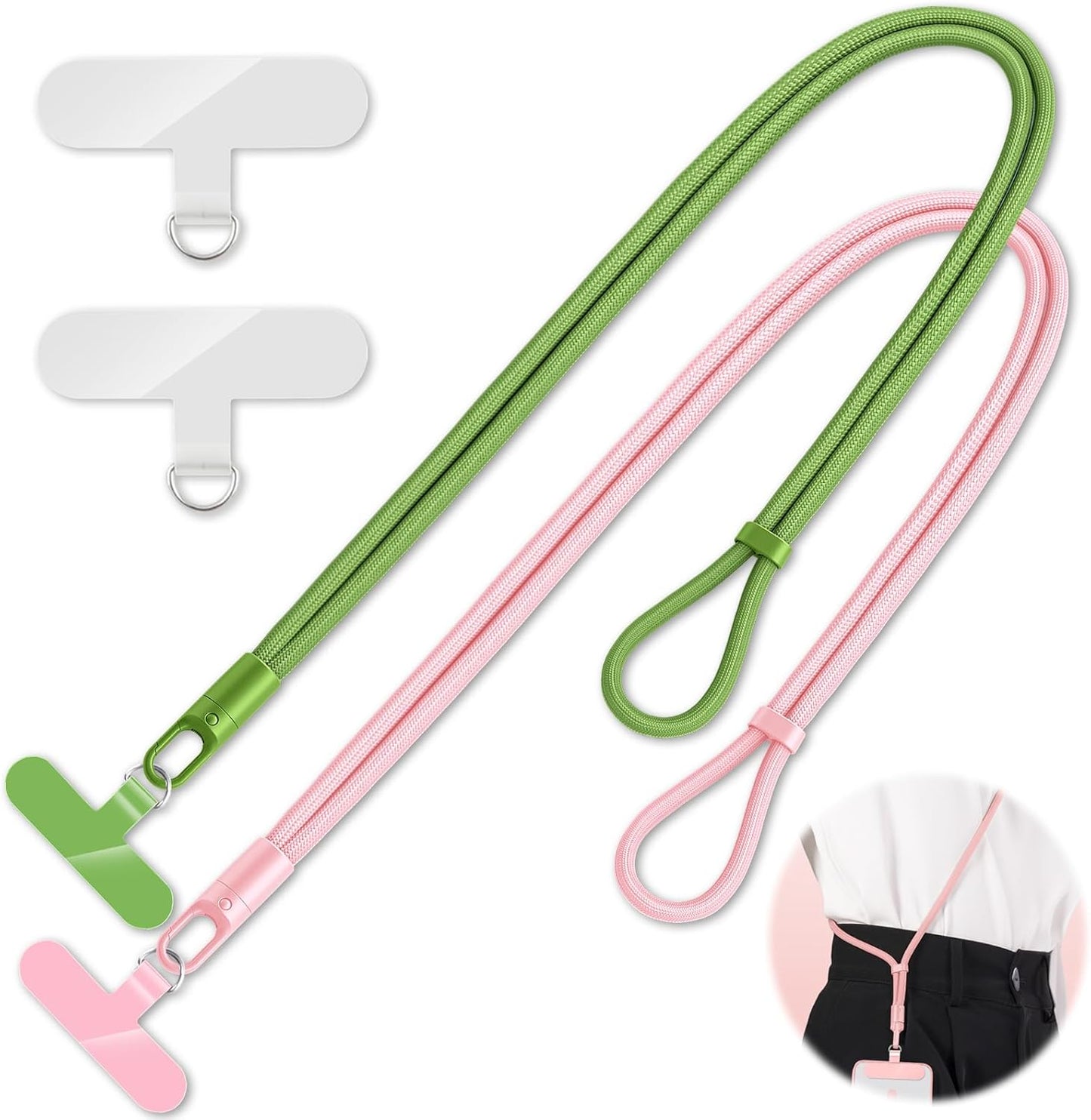 2 Pack Phone Lanyard,2×Phone crossbody strap,4×Tether Tabs,Universal Cell Phone Multifuctional Patch Polyester Lanyards,Cell Phone Lanyards for Women and Men(pink+green)
