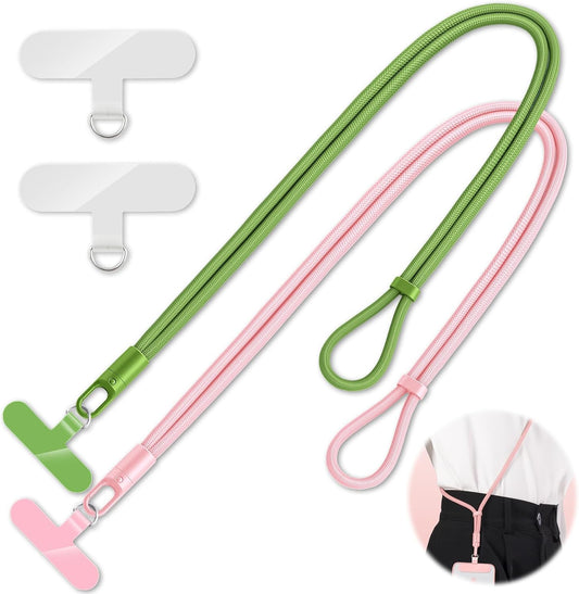 2 Pack Phone Lanyard,2×Phone crossbody strap,4×Tether Tabs,Universal Cell Phone Multifuctional Patch Polyester Lanyards,Cell Phone Lanyards for Women and Men(pink+green)