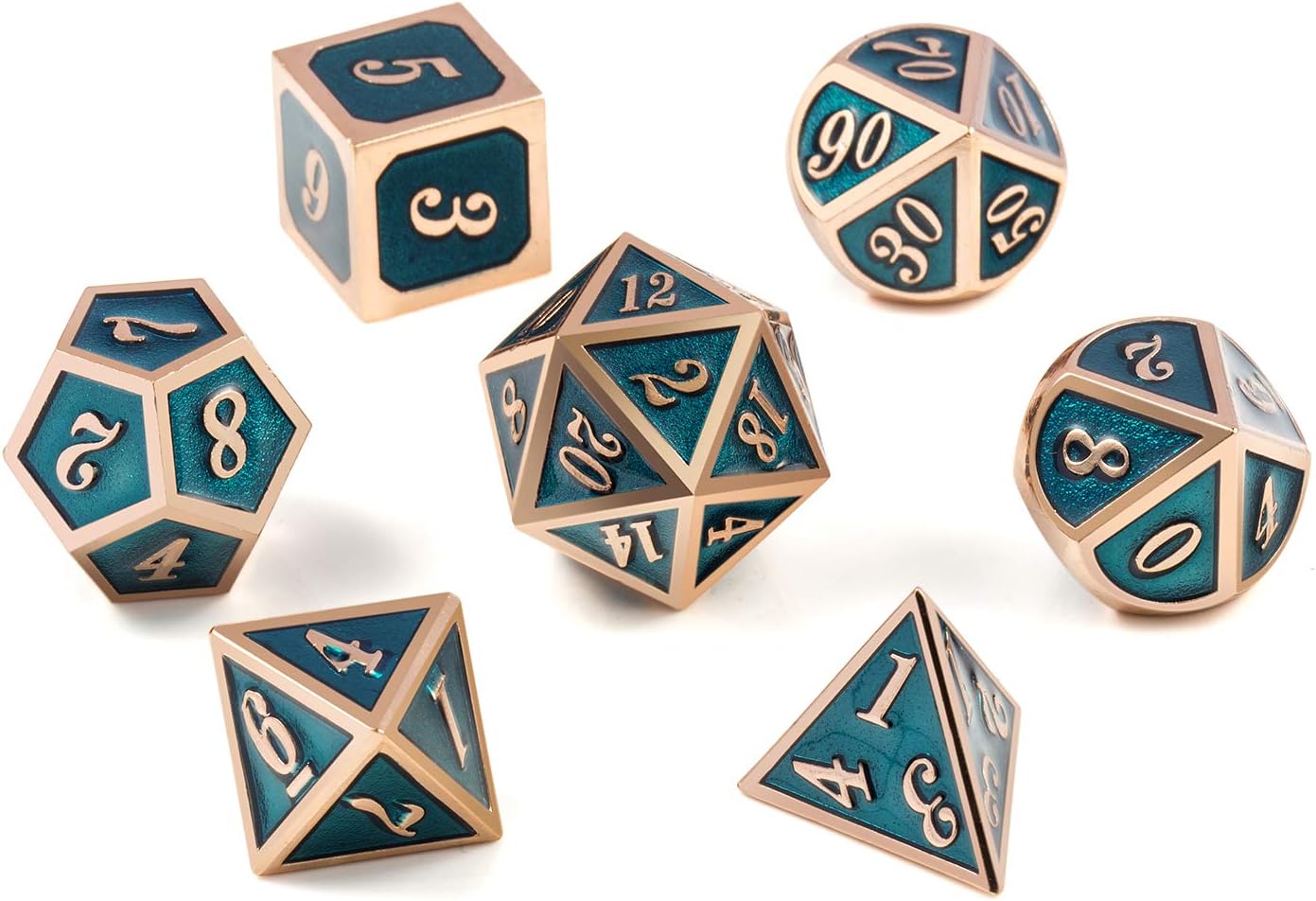 Teal D&D Metal Dice Set,DNDND 7 PCS Metallic Dungeons and Dragons Dice with Free Metal Case for D&D Game Role Playing (Teal and Copper)