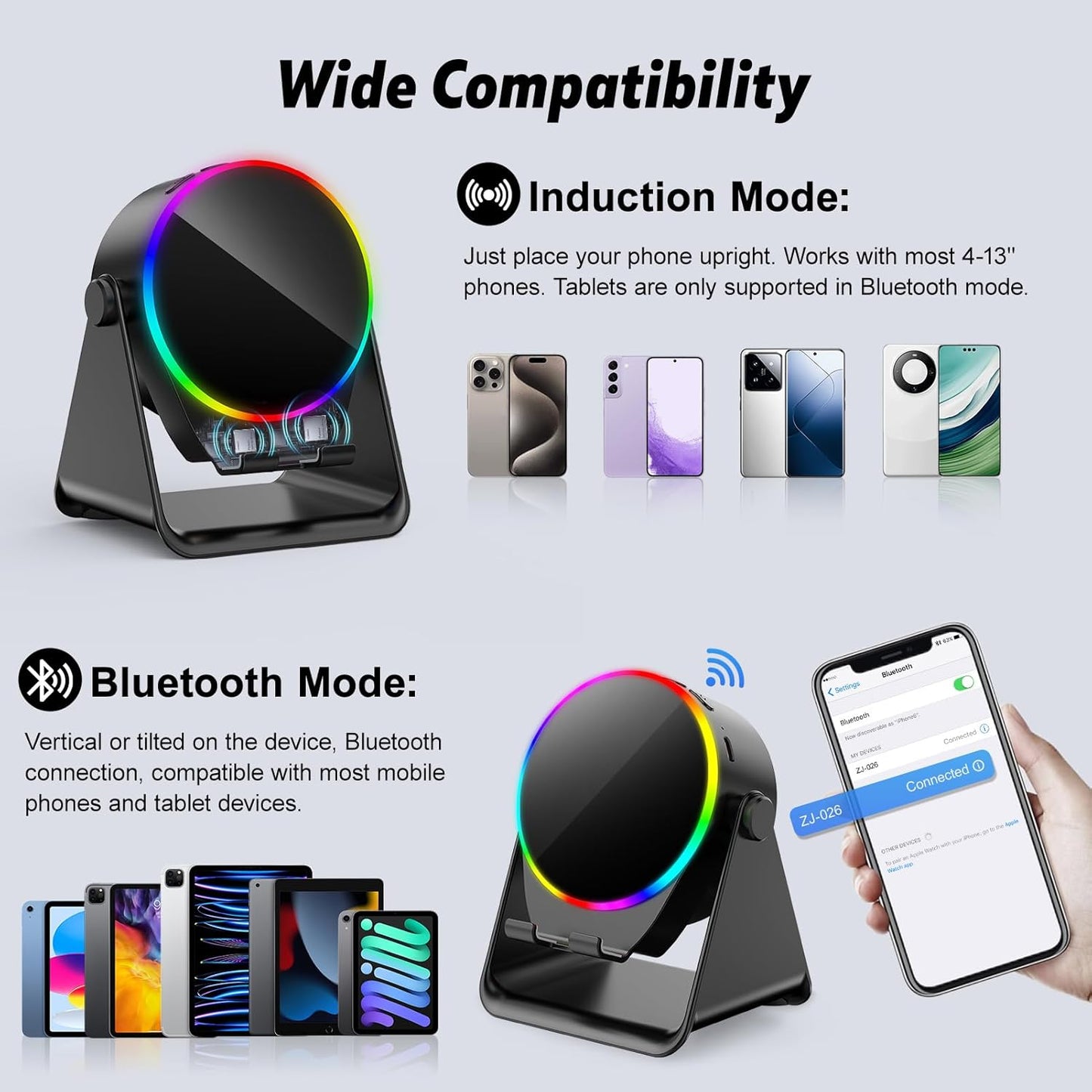 Wireless Induction Speaker- 4 in1 Bluetooth Speaker Phone Stand with Colorful Ambient Light 360° Rotation Compatible with iPhone/Android/iPad/Samsung Galaxy- Unique Birthday Gift for Men Women Adults