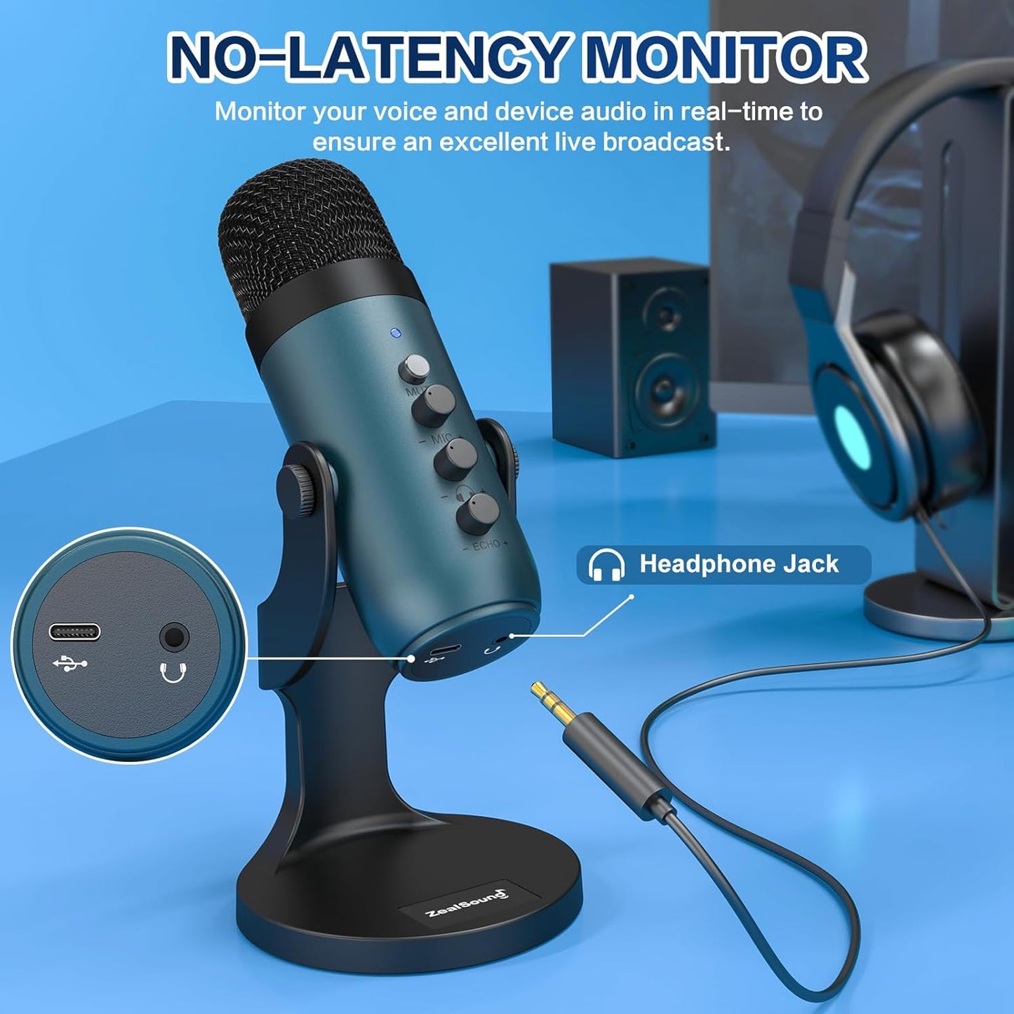 ZealSound USB Condenser Microphone,Computer PC Gaming Mic,Plug&Play Microphones for PS 4&5.Monitor Adjust&Volume Control,Mic Gain Control,Mute Button for TikTok,YouTube Podcast on Mac&Windows(Teal)