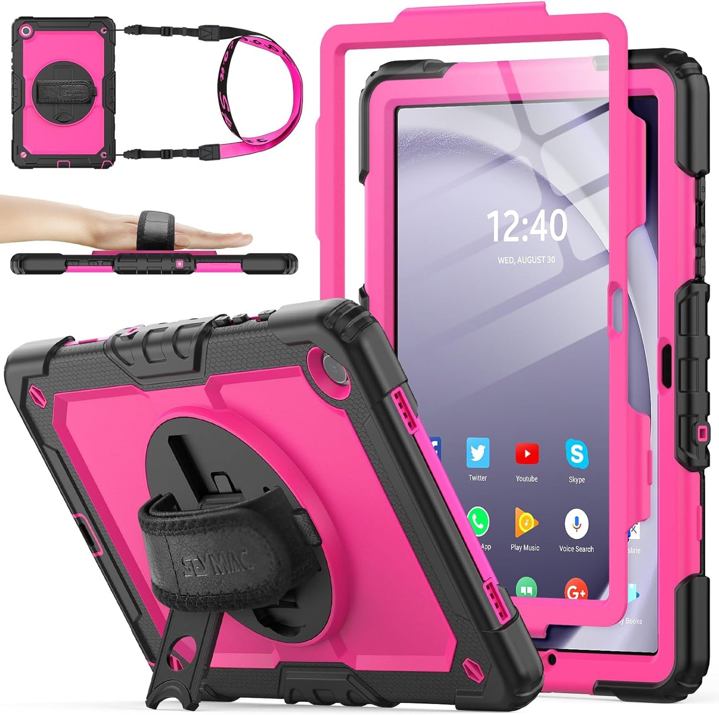 SEYMAC stock Case for Samsung Galaxy Tab A9+ Plus 11'', Full-Body Drop Protection Case with Screen Protector Pencil Holder [360° Rotating Hand Strap] &Stand, Pink+Black