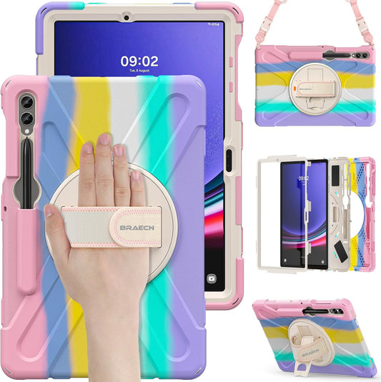 BRAECN for Galaxy Tab S10 Plus Case 2024&S9 FE Plus/S8 Plus/S7 Plus /S7 FE 12.4 Inch,Heavy Duty Shockproof Case with S Pen Holder&360 Rotating Hand Strap/Kickstand/Shoulder Strap for Tab S10+,Rainbow
