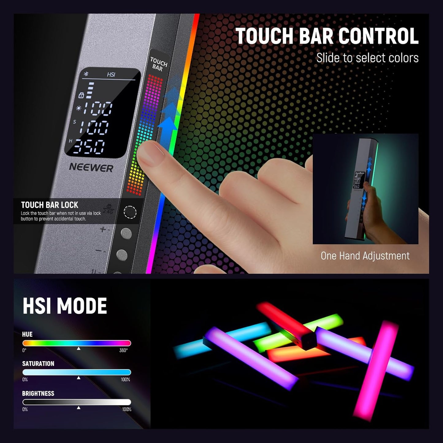 NEEWER RGB1 LED Tube Light Stick with Metal Barndoor, Handle, Touch Bar/APP Control, Magnetic Handheld RGB Video Light, 3200K-5600K CRI98+ Dimmable Photography Lighting with 6400mAh Battery, 17 Scenes