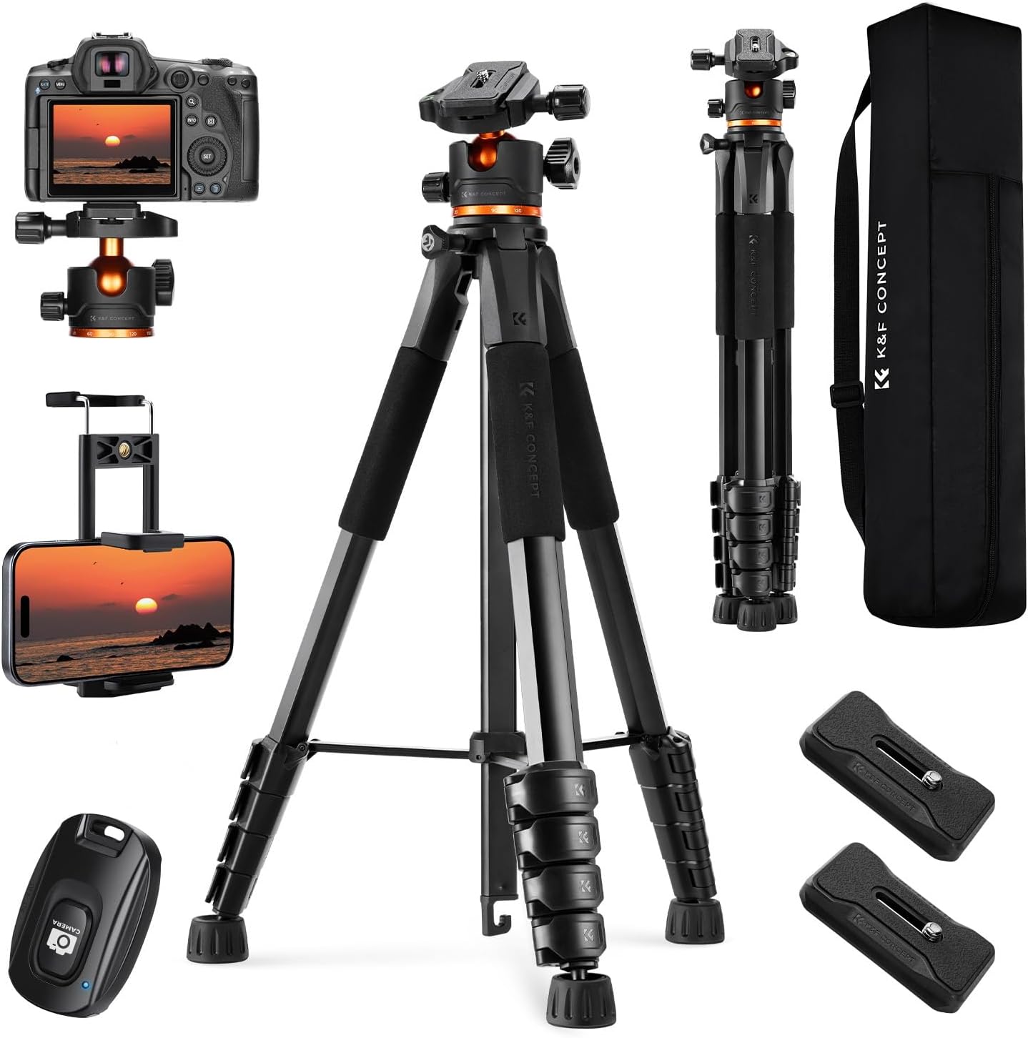 K&F Concept 75 inch/190cm Camera Tripod,Lightweight Travel Outdoor DSLR Tripods with 360 Degree Ball Head Load Capacity 8kg/17.6lbs,Cellphone Clip and Remote Control for Smartphone S255A3+BH-36