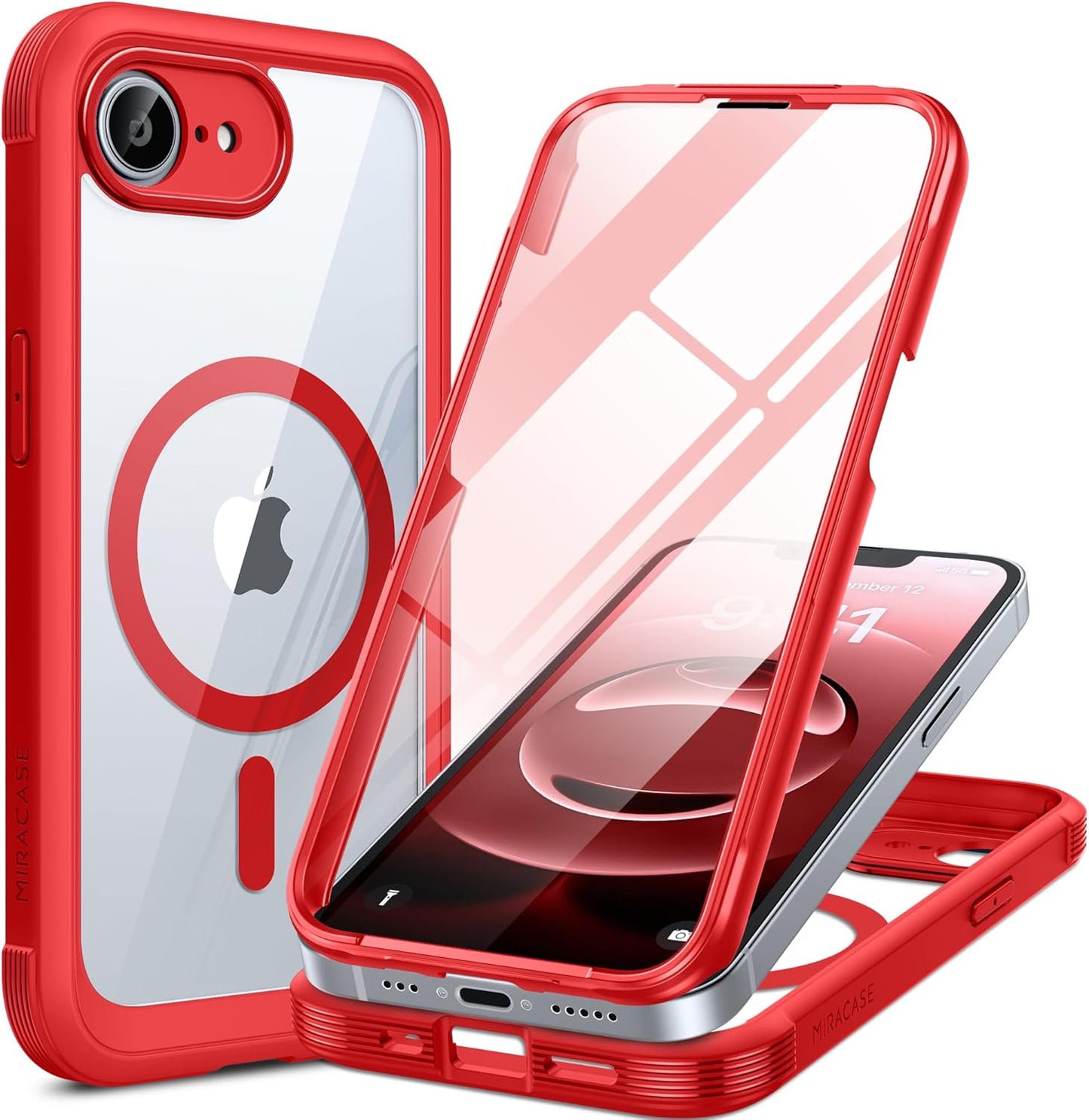 Miracase Magnetic for iPhone 16e Case Full-Body Phone with Built-in Glass Screen Protector, [Compatible with MagSafe] Military Drop Proof 16E Cover Bumper 6.1 inch, Red
