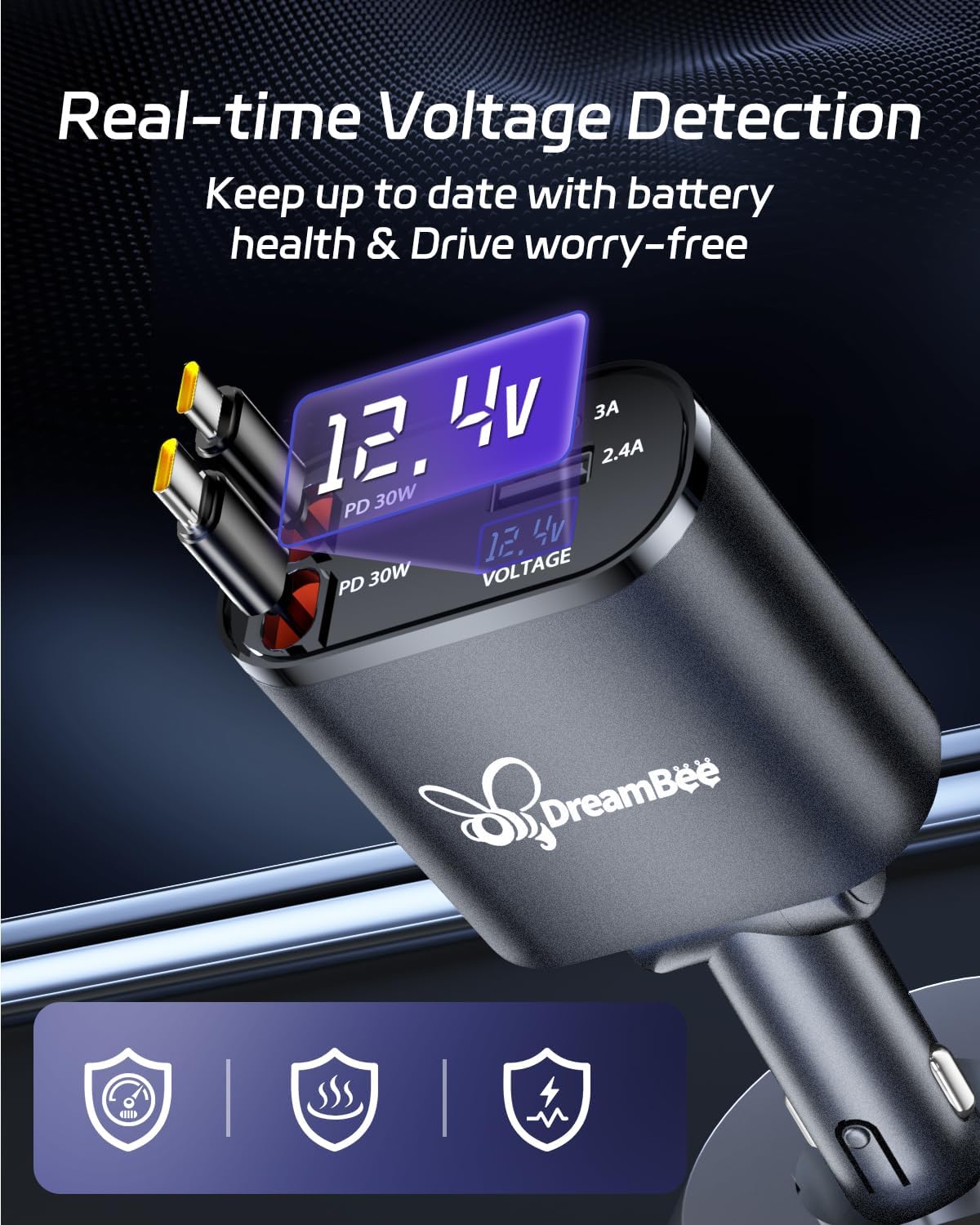 DreamBee Retractable Car Charger,66W Super Fast USB Car Phone Charger,Dual TypeC Retractable Cables Gifts for Men Women Car Truck Accessories for Samsung Galaxy S23+/S23/ S22 iPhone 15/14,iPad