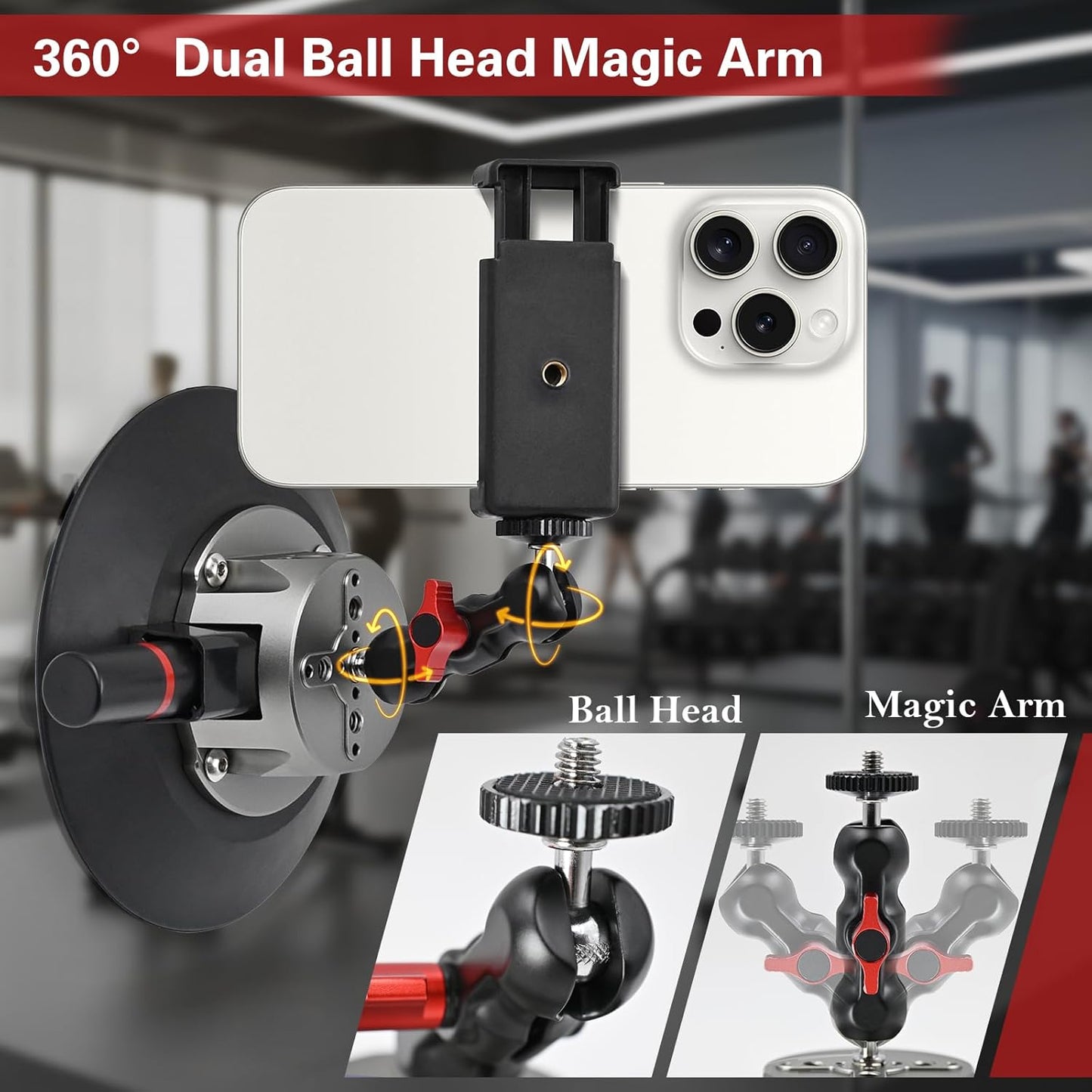 Suction Cup Camera Mount with Ball Head Magic Arm, 5.9"/15cm Air Pump Vacuum Camera Suction Mount on Car Windshield Dash for Action Cameras/Phone Holder, with 1/4" & 3/8" Mounting ARRI Holes
