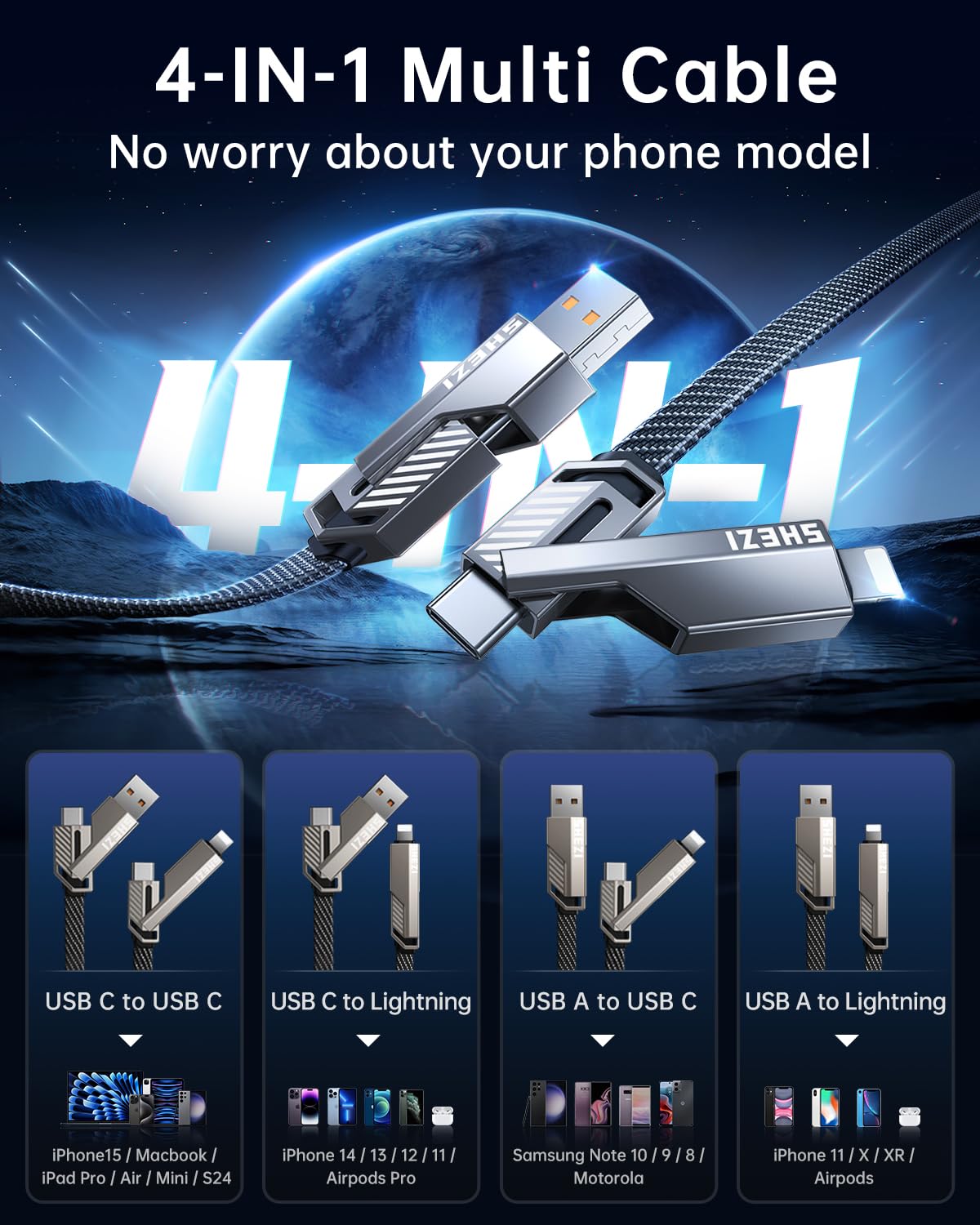 SHEZI [Upgraded 2.0] 4-in-1 Short USB C Cable 60W 0.6FT Fast Charging [480Mbps Data Sync] Flat Nylon Braided Charger Cord Combo, USB A/C to C/L Multi Charge Cable for iPhone/iPad & Most Devices, Grey