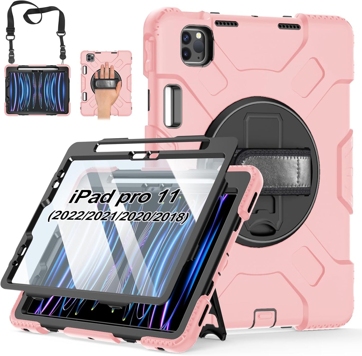 Case for iPad Pro 11 Inch 2022/2021/ 2020/2018: Silicone Cover for iPad 11 Inch 4th/ 3rd/ 2nd/ 1st/ Generation with Screen Protector- Stand- Handle- Shoulder Strap- Pencil Holder- Rose Gold