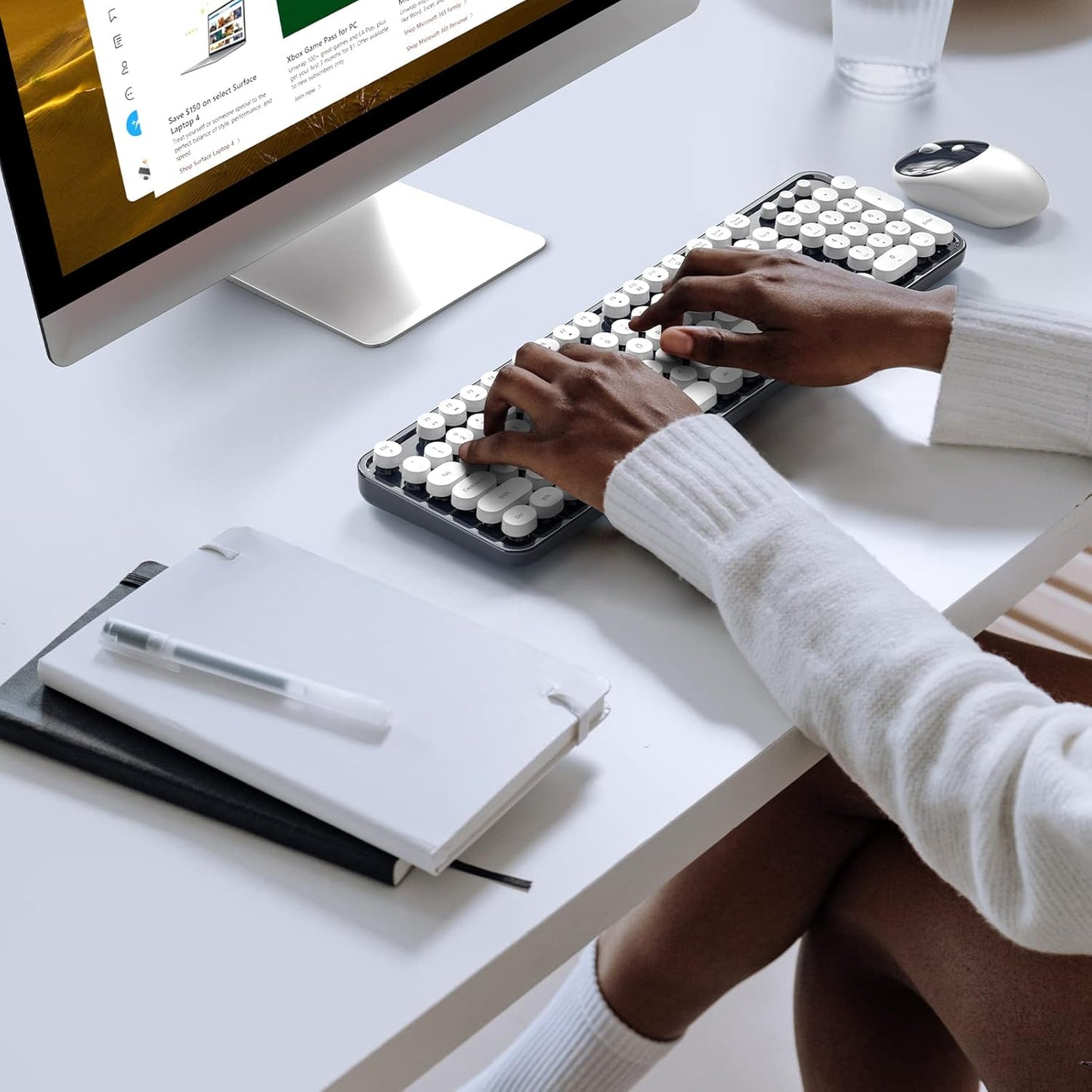 KNOWSQT Wireless Keyboard and Mouse Combo - White-DarkBlue Full-Sized 2.4 GHz 104 Keys Typewriter Keyboard, Flexible Round Keycap and Optical Mouse for Windows, Computer, PC, Laptop, Desktop