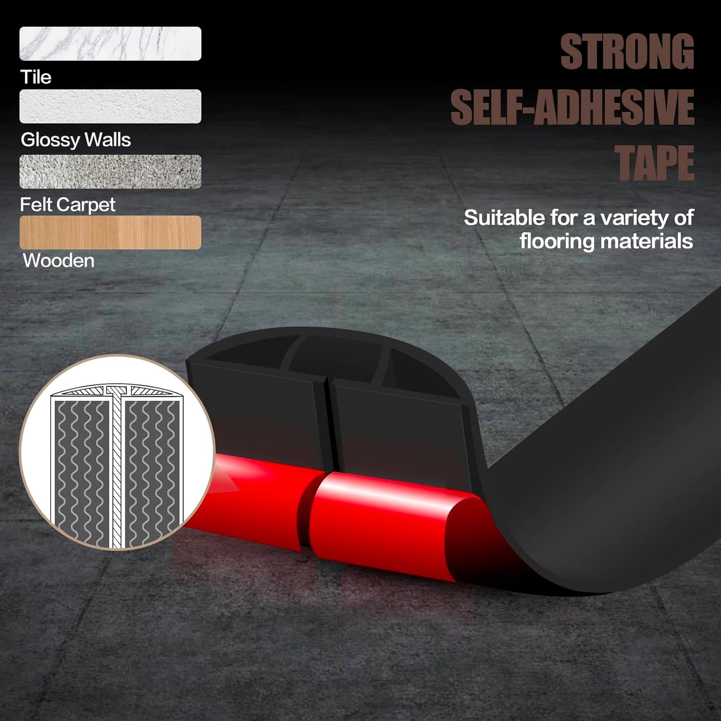 Floor Cord Cover Self Adhesive Cord Hider,10FT Cable Management, Extension Strip Protector for Wires, Prevent Cable Trips for Offices, Gyms, Exhibitions Cavity:0.47"(W) x 0.35"(H) Black