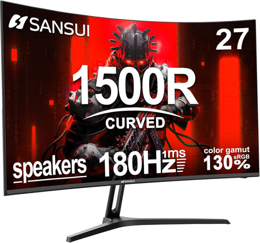 SANSUI 27 Inch Curved Gaming Monitor 180Hz 1ms with Speakers FHD 1080P Computer Monitor FreeSync|1500R|130% sRGB|HDR|Low Blue Light|HDMI DP Ports|VESA Mount|Metal Stand(ES-G27C1 HDMI Cable Incl.)