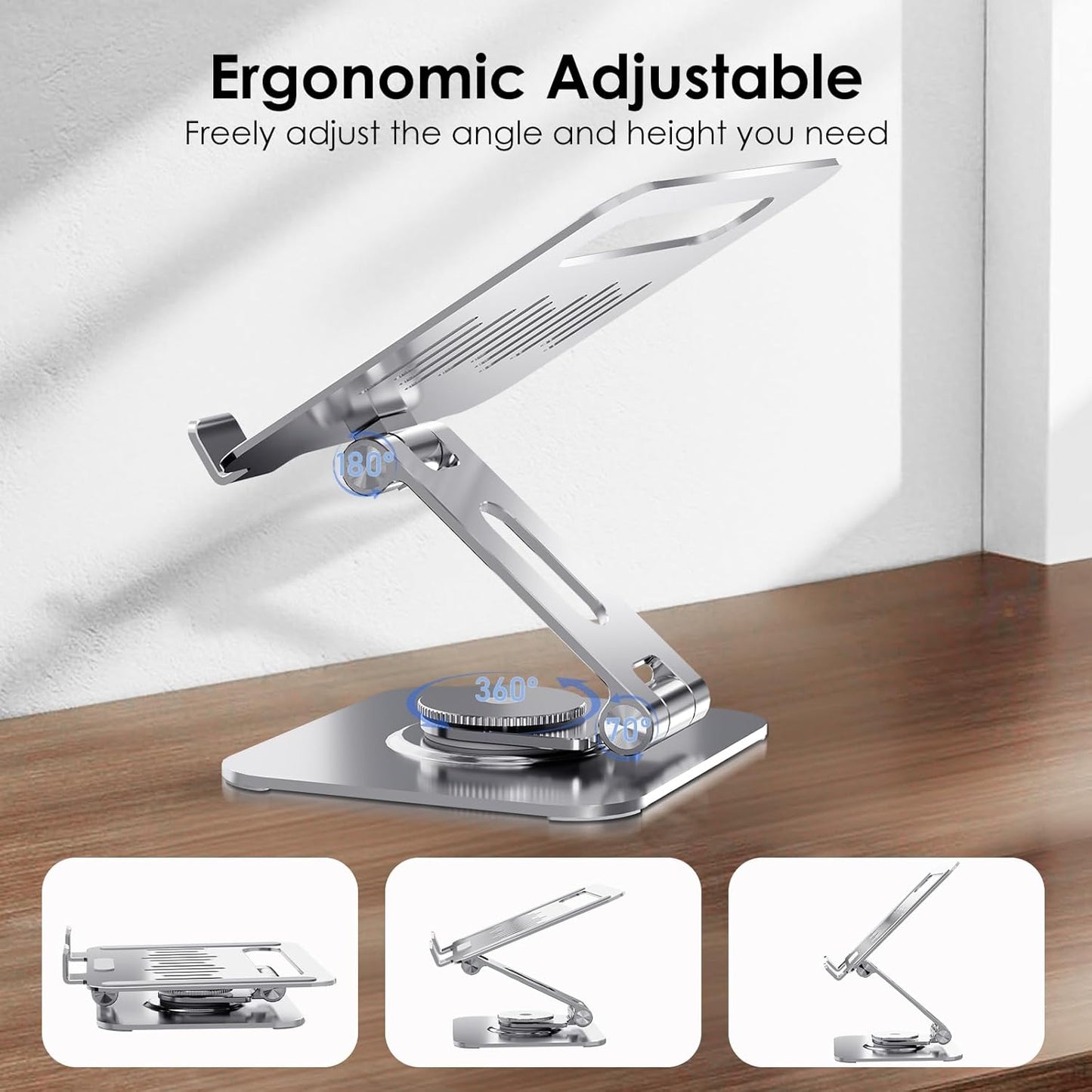 Tablet Stand for Desk, 360° Swivel for iPad Holder, Aluminum Adjustable Tablet Holder, Compatible for iPad Pro Air Mini Surface Pro Samsung Galaxy Tabs Kindle, 4-12.9 inch, Silver