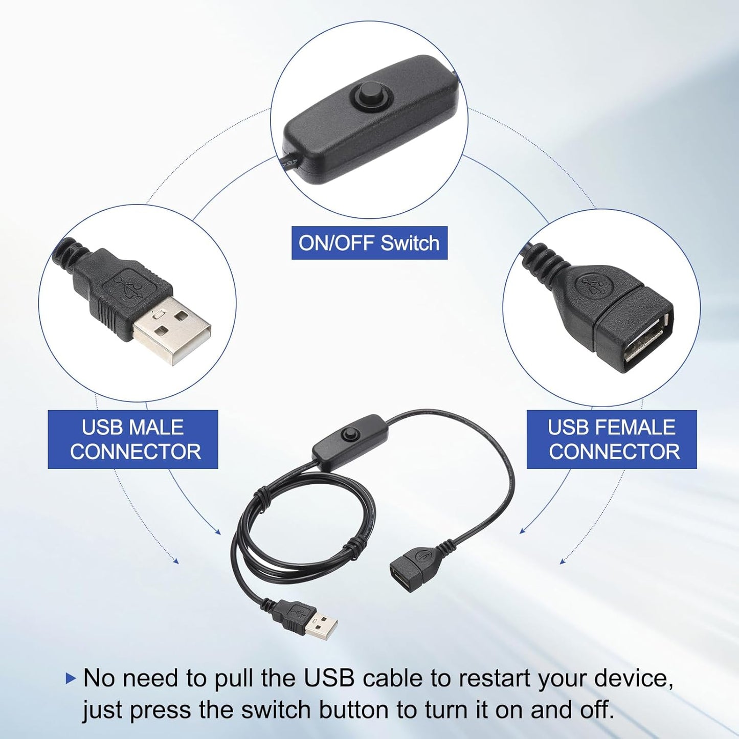 MECCANIXITY USB Extension Cable with ON/Off Button Switch 1m USB Male to Female Extension Cord for Desk Lamp Fan LED Light Strip Black Pack of 1