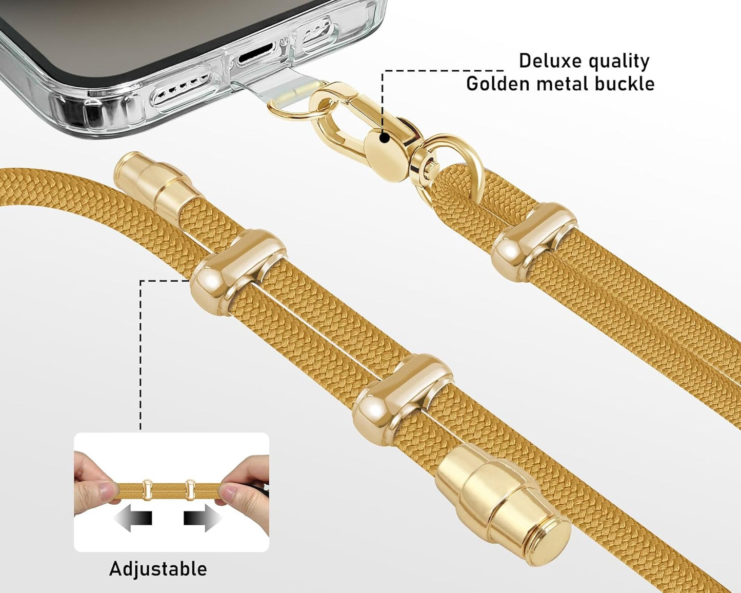 Cell Phone Lanyard Adjustable Crossbody Phone Lanyard *1 Phone Wrist Strap *1 with Deluxe Gold Matal Buckle + Clear Tether Tabs *2 for Shopping Travelling Hiking(Yellow)
