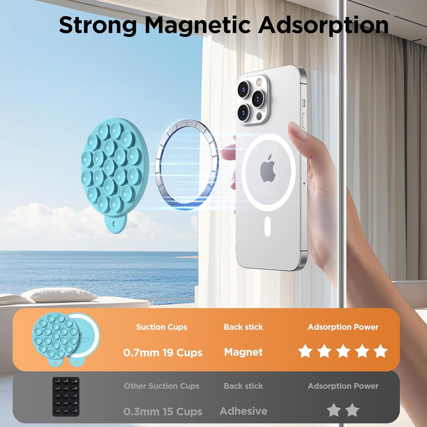 Magnetic Suction Cup Phone Mount for MagSafe Case, Silicone Hands-Free Grip Holder for iPhone and Android, Mirror Shower Phone Stand for Makeup FaceTime Gym Kitchen Bathroom, Sea Blue