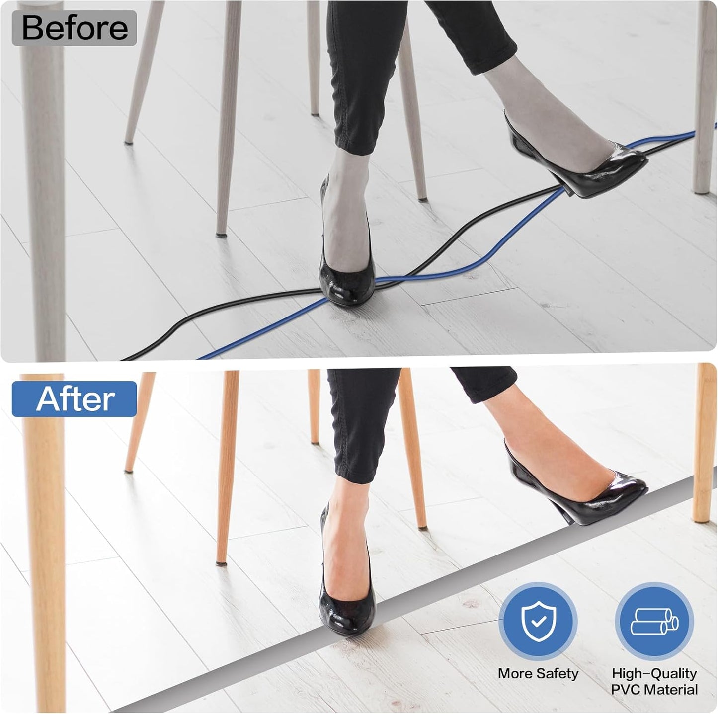 Floor Cord Cover Self Adhesive Cord Hider Floor Extension Cord Covers for Floor Power Cord Protector Cable Management Prevent Cable Trips Cable Cavity 0.59" W x 0.31" H (Grey, 20Ft)