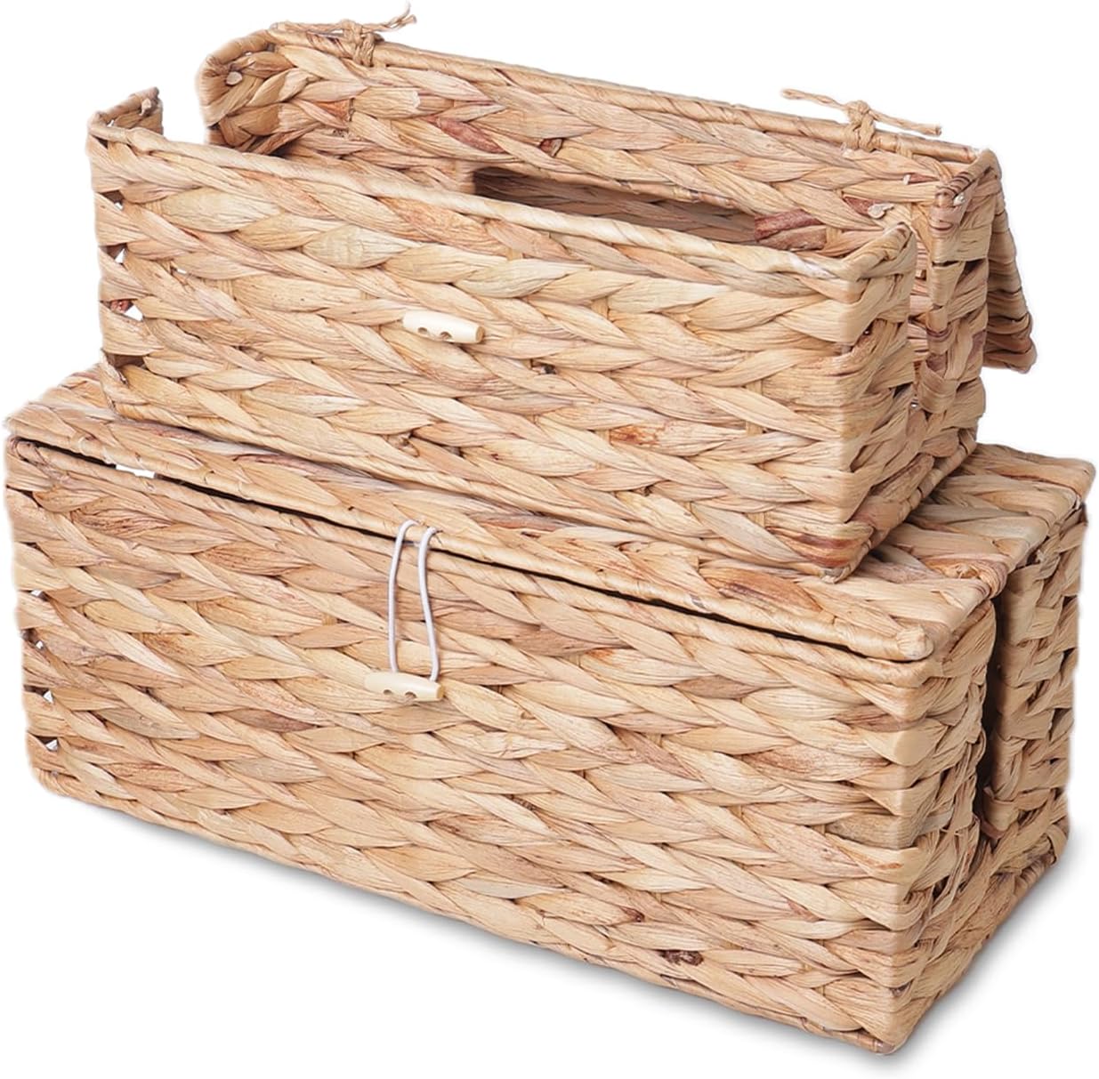 Cable Management Box, Cord Hider Organizer Box with Lid 2-Pack,2 Side Open Slots Handwoven Water Hyacinth Storage Box for Power Strips, Floor, Desk, Office