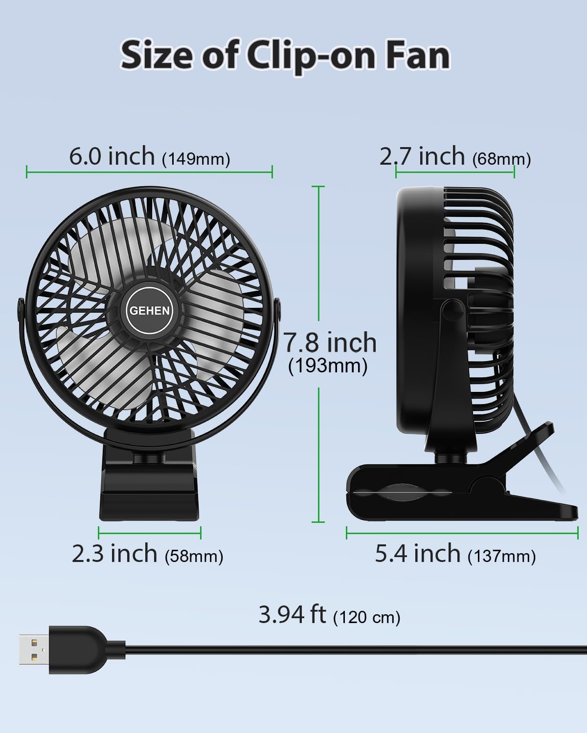 GEHEN Clip-On Fan with Sturdy Clamp, USB-Powered Fan 3-Speed, Ultra-Quiet Operation Ideal for Bedroom, Office, & Stroller