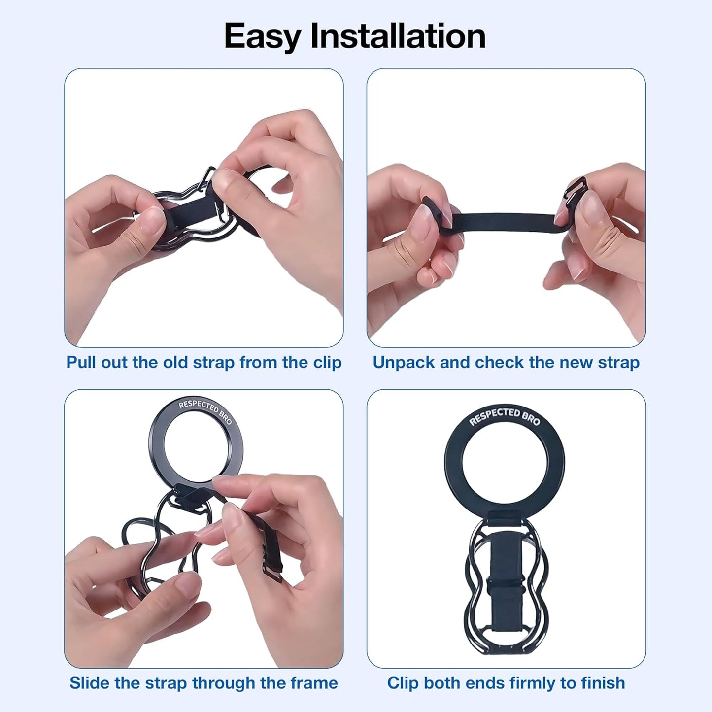 RESPECTED-BRO-Magnetic-Phone-Grip-Stand-with-Finger-Strap, 4-in-1 Magnetic Ring Holder, Kickstand and Elastic Strap for Smartphones, Universal Fit for iPhone, Android, and Cases (Black Elastic Strap)