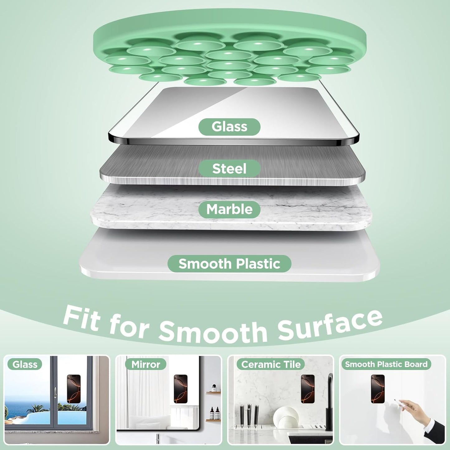 Magnetic Suction Cup Phone Mount for MagSafe Case, Silicone Hands-Free Grip Holder for iPhone and Android, Mirror Shower Phone Stand for Makeup FaceTime Gym Kitchen Bathroom, Spearmint Green