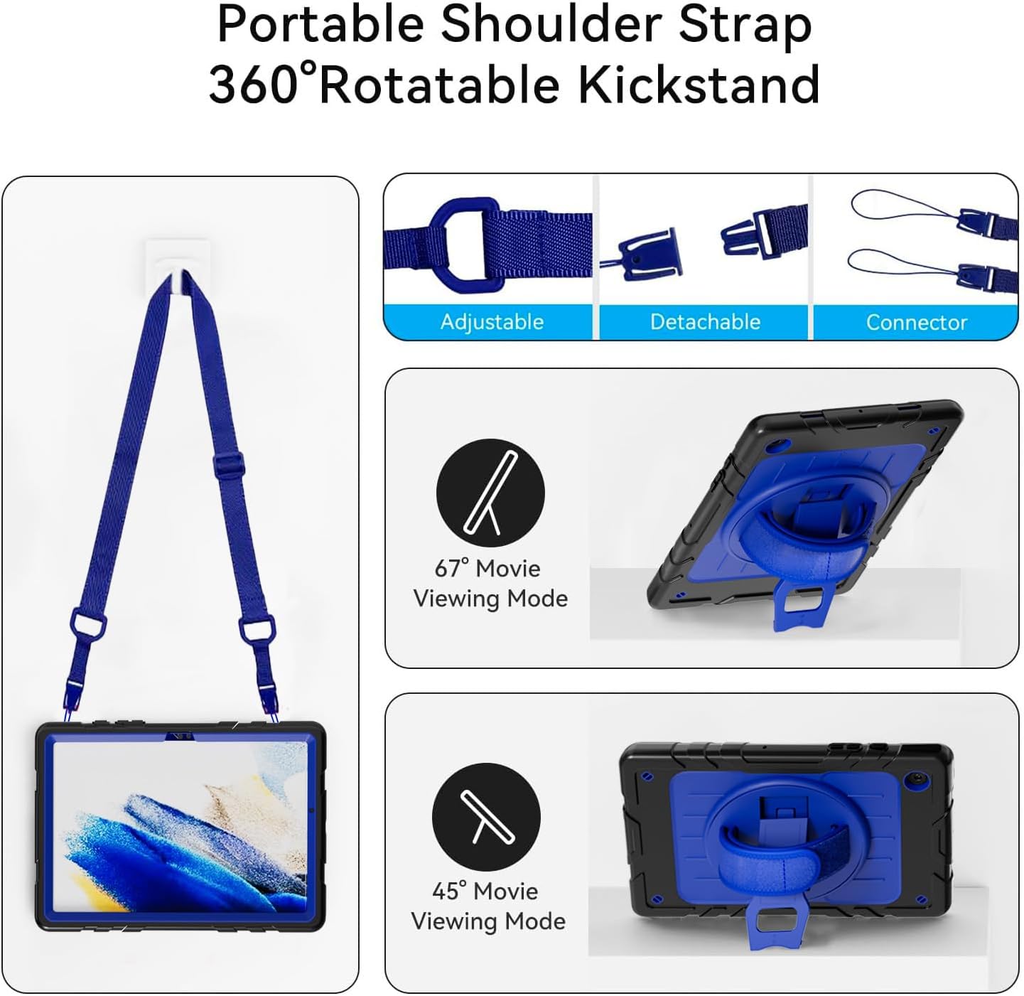 for Samsung Galaxy Tablet A8 Case 10.5 inch 2022 SM-X200/X205/X207 with Screen Protector [360 Rotating Stand] &Hand Shoulder Strap Shockproof Rugged Protective Cover|Black&Blue