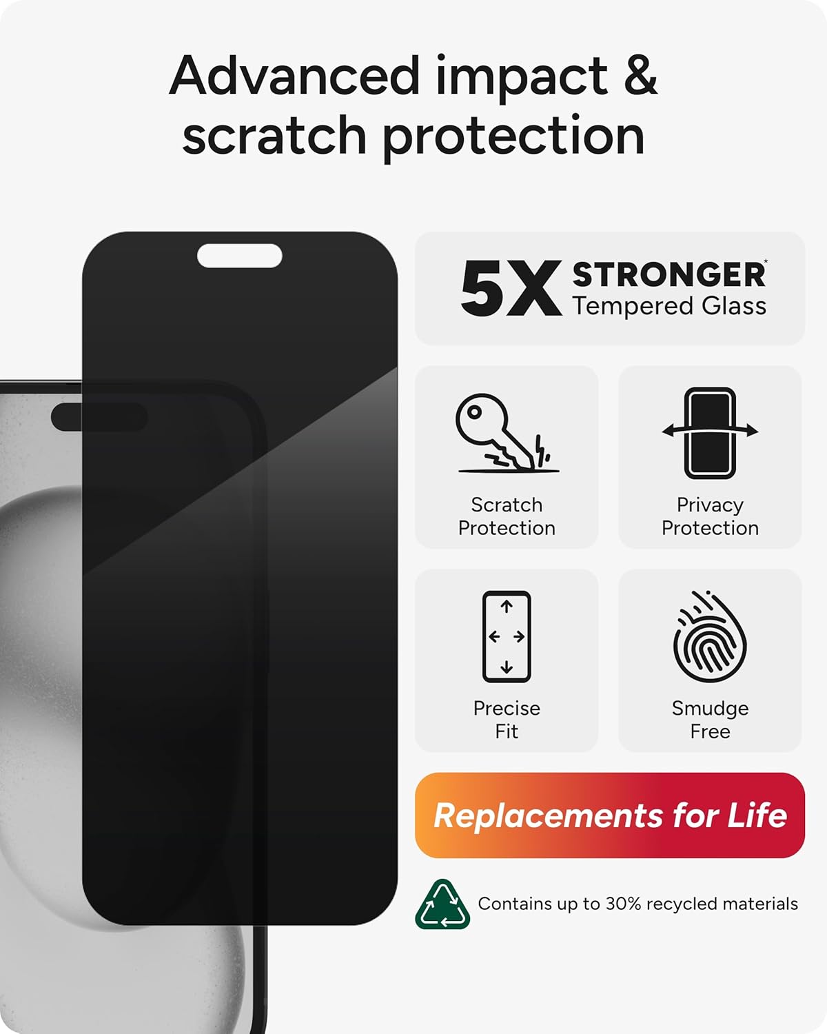 ZAGG InvisibleShield Glass Elite Privacy iPhone 15 Screen Protector - 5X Stronger with Reinforced Edges, 2-Way Privacy Filter, Scratch & Smudge-Resistant Surface, Easy to Install