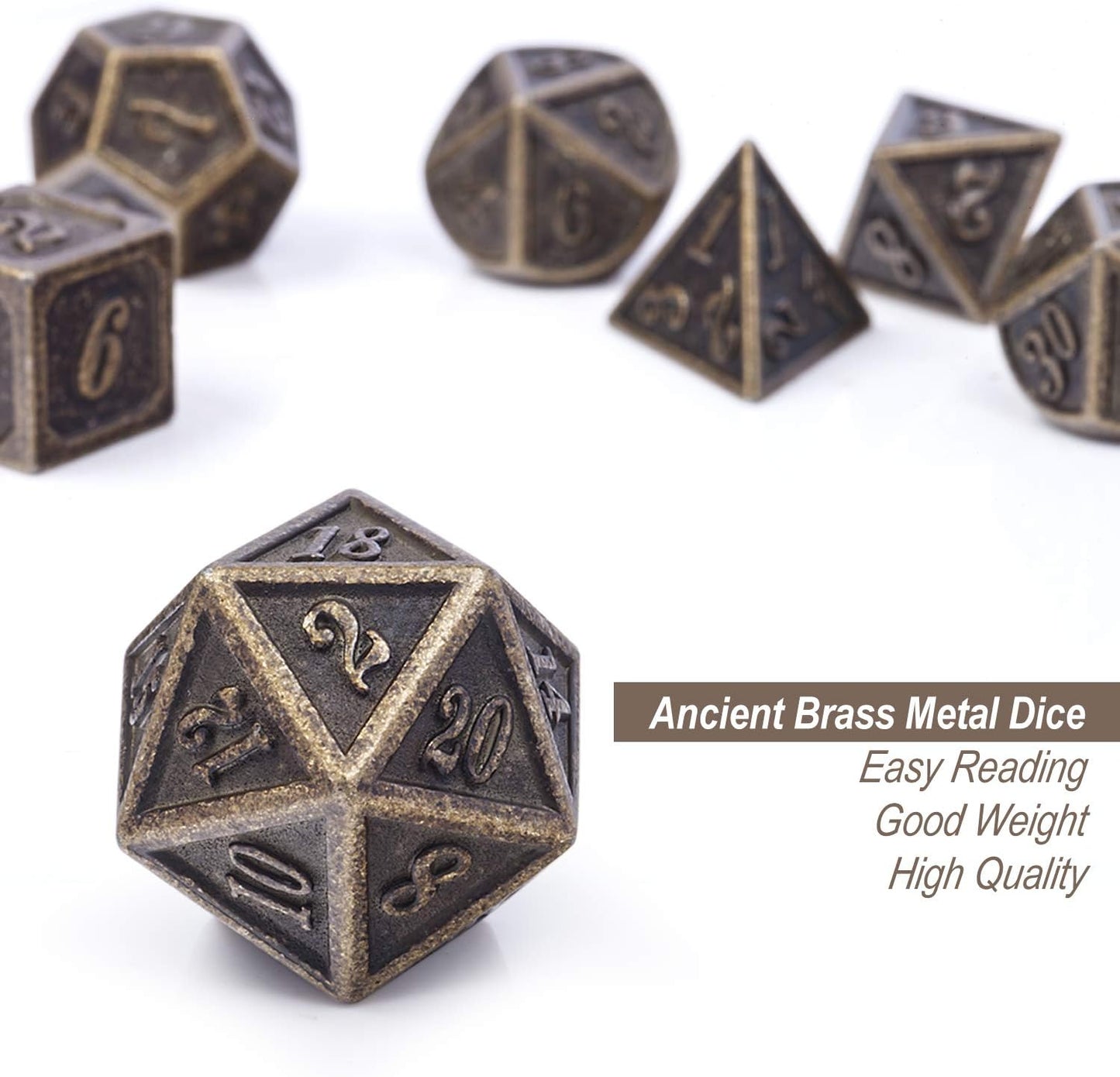 DnDnD Ancient Design Dice, 7PCS Brass DND Metal Dice with Metal Box for Table Games Dungeons and Dragons D&D