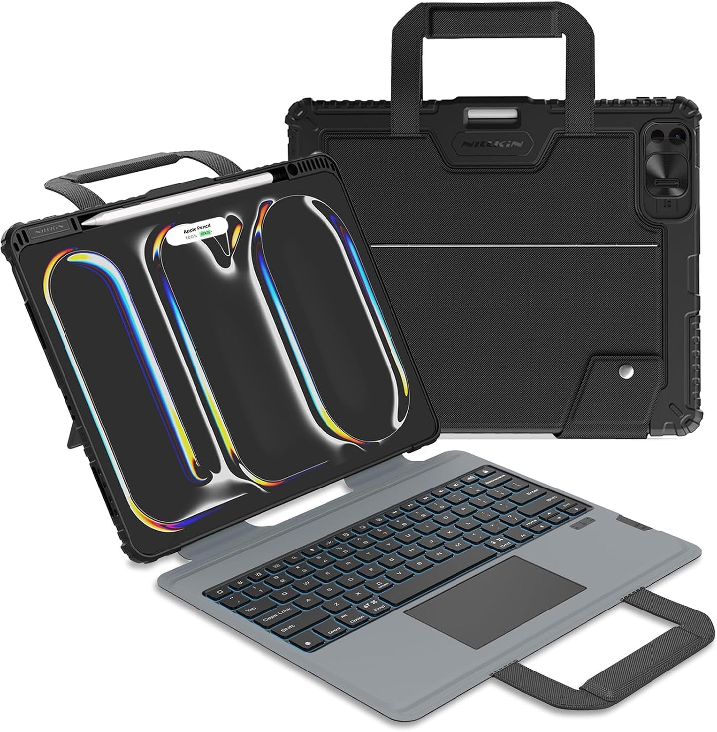 Nillkin Carry Go Keyboard Case for iPad Pro 13 inch (M4) 2024 with Handle, Rugged Case with Detachable Keyboard for iPad Pro 13, Magic Trackpad, 7 Colors Backlit, Camera Cover, Black
