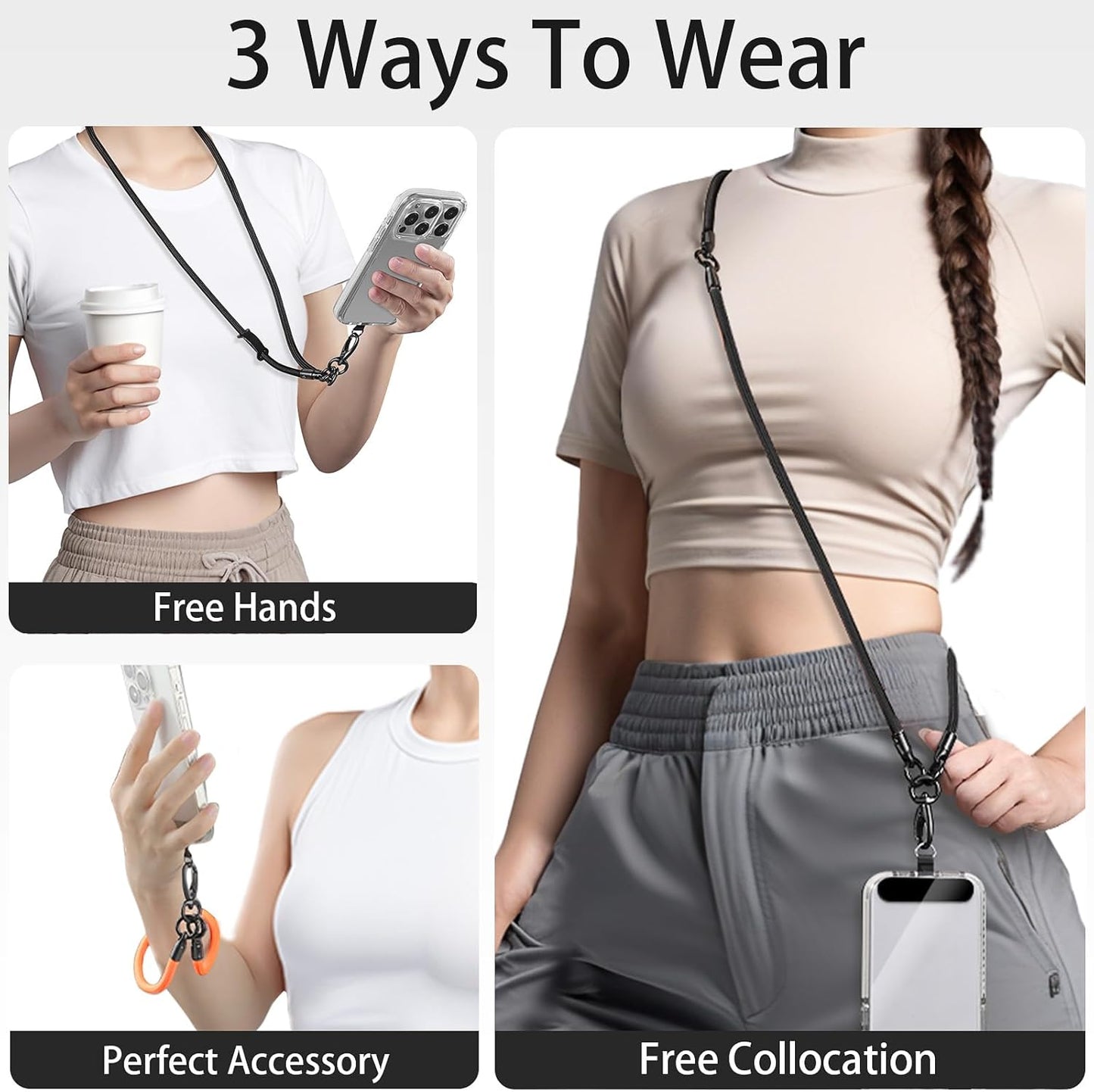 Phone Lanyard, 3-in-1 Anti Theft Phone Straps -Crossbody Lanyard, Neck Holder & Wrist Strap, Detachable Universal Cellphone Strap with 1 Tap, Durable Hook-Black