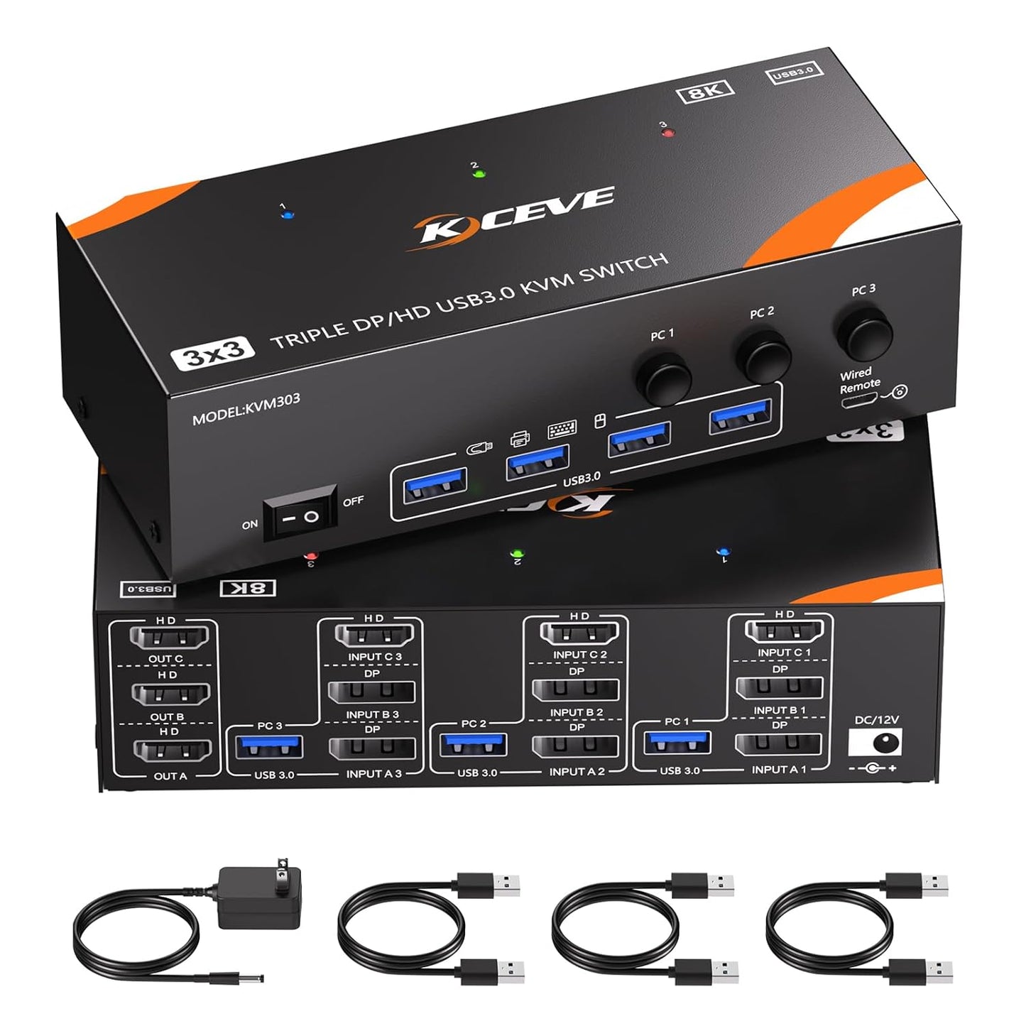 KVM Switch 3 Monitors 3 Computers 8K@60Hz/4K@120Hz, HDMI DP KVM Switches for 3 PC Sharing Triple Monitor and Keyboard Mouse with Power Adapter, Wired Extend Controller and USB3.0 Cables