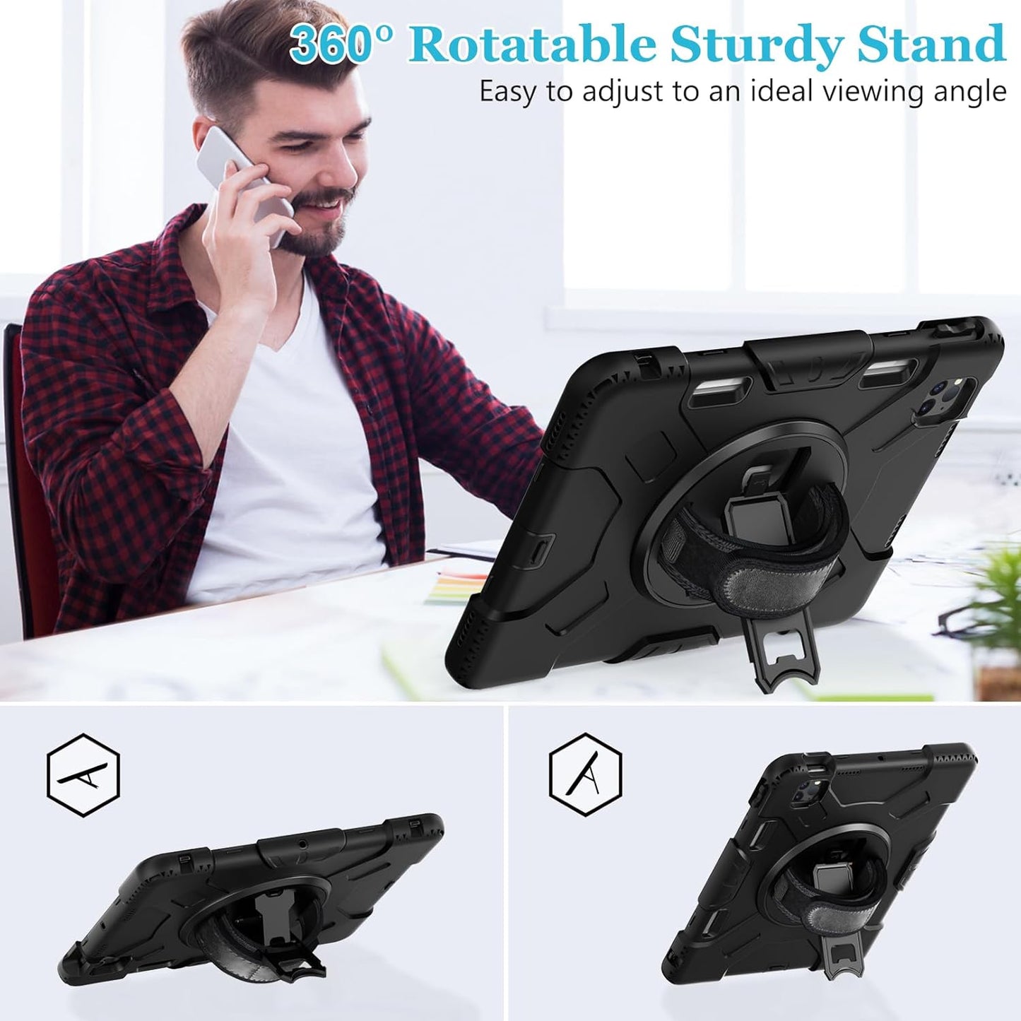 Case for iPad Pro 11 Inch (2022/2021/ 2020/2018): Silicone Cover for iPad 11 (4th/ 3rd/ 2nd/ 1st) Generation with Screen Protector- Stand- Handle- Shoulder Strap- Pencil Holder- Black