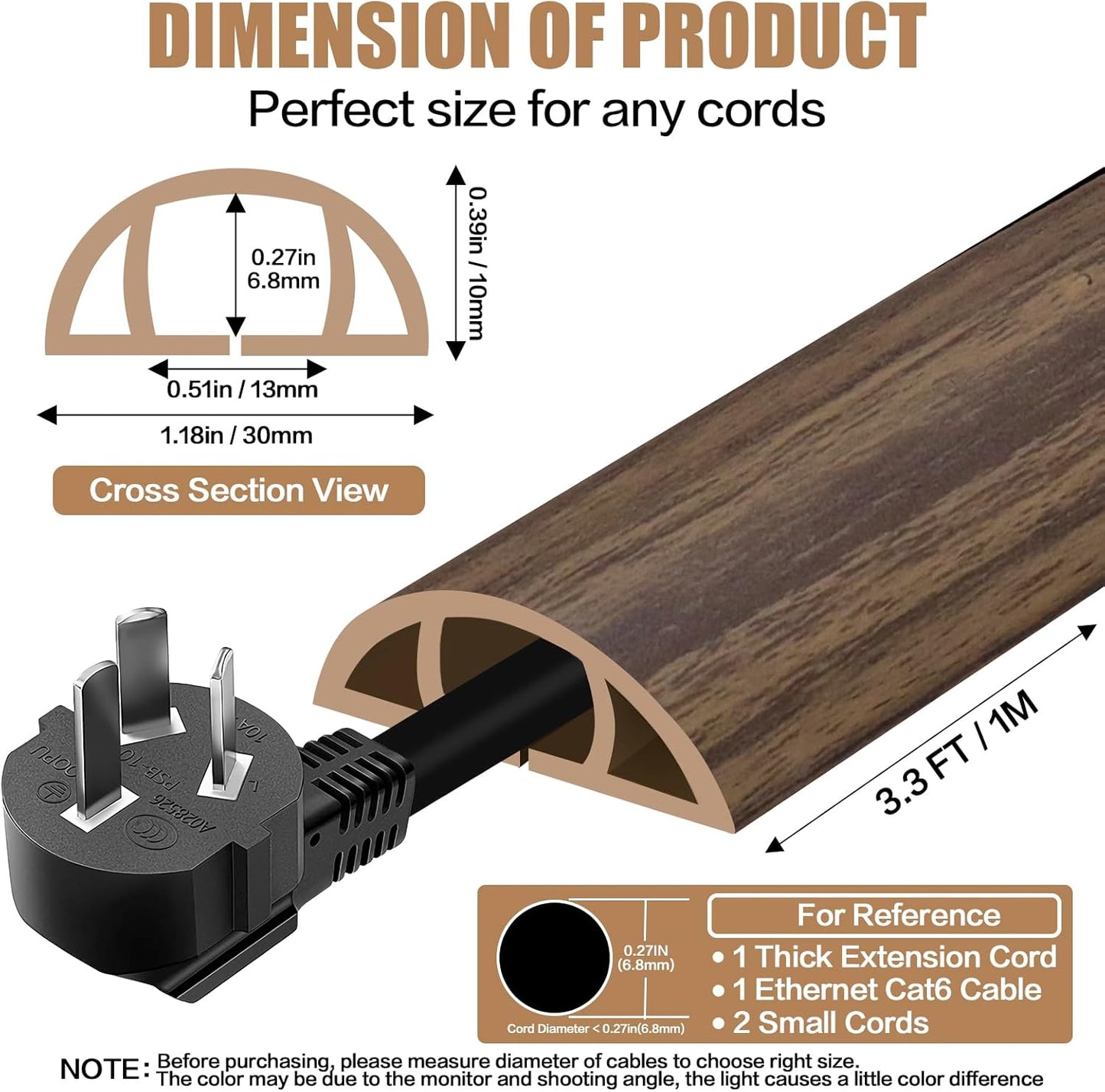 Floor Cord Cover Self Adhesive Cord Hider,3.3FT Cable Management, Extension Strip Protector for Wires, Prevent Cable Trips for Offices, Gyms, Exhibitions Cavity:0.39"(W) x 0.27"(H) Wood Walnut