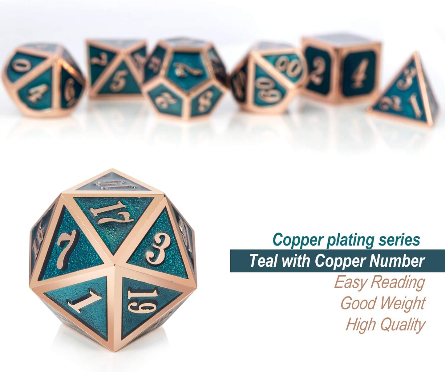 Teal D&D Metal Dice Set,DNDND 7 PCS Metallic Dungeons and Dragons Dice with Free Metal Case for D&D Game Role Playing (Teal and Copper)