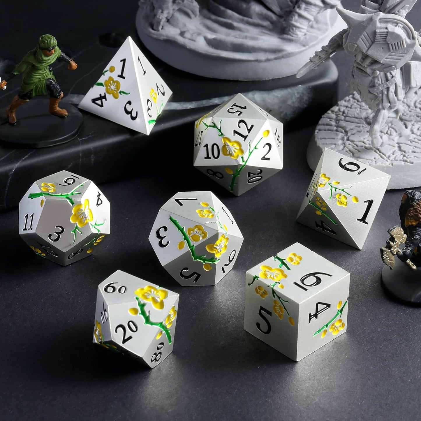 Silver Metal DND Dice, DNDND 7 PCS Heavy Flower Metallic D&D Dice Set with Gorgeous Gift Case for Dungeons and Dragon Tabletop Game (Matte Silver with Yellow Flower)