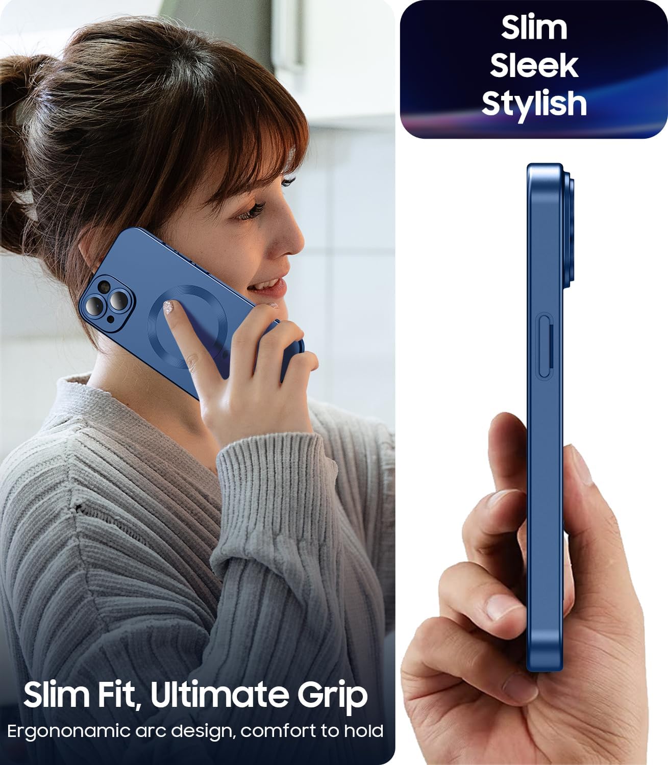 Magnetic for iPhone 14 Plus Case [Compatible with MagSafe][Built-in Camera Lens Protector] Slim Soft Silicone Bumper Shockproof Metallic Luster Phone Case (Blue)