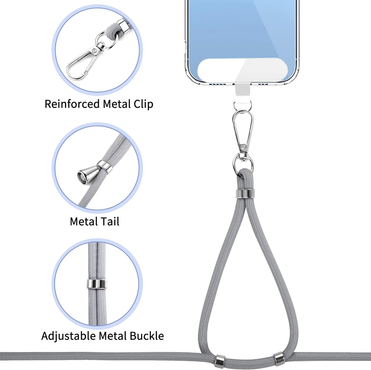 CACOE Phone Lanyard 2 Pcs-1 Pcs Adjustable Neck Strap, 1 Pcs Wrist Strap, 2 Pcs Pads, Universal Crossbody Multifuctional Cell Phone Lanyards Compatible with Most Smartphones(Gray)