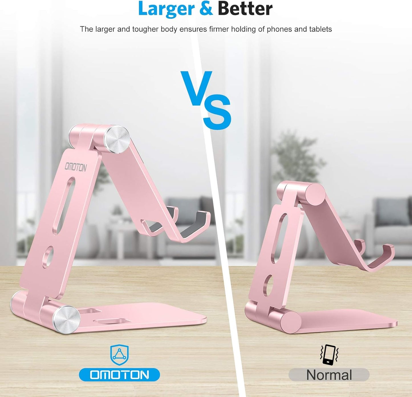 OMOTON Foldable Cell Phone Stand, C4 Portable Aluminum Phone Holder, Adjustable Phone Dock Cradle Compatible with iPhone 16/15/14/13 Pro Max, Samsung Galaxy, Small Tablets, All Smart Phones, Rose Gold