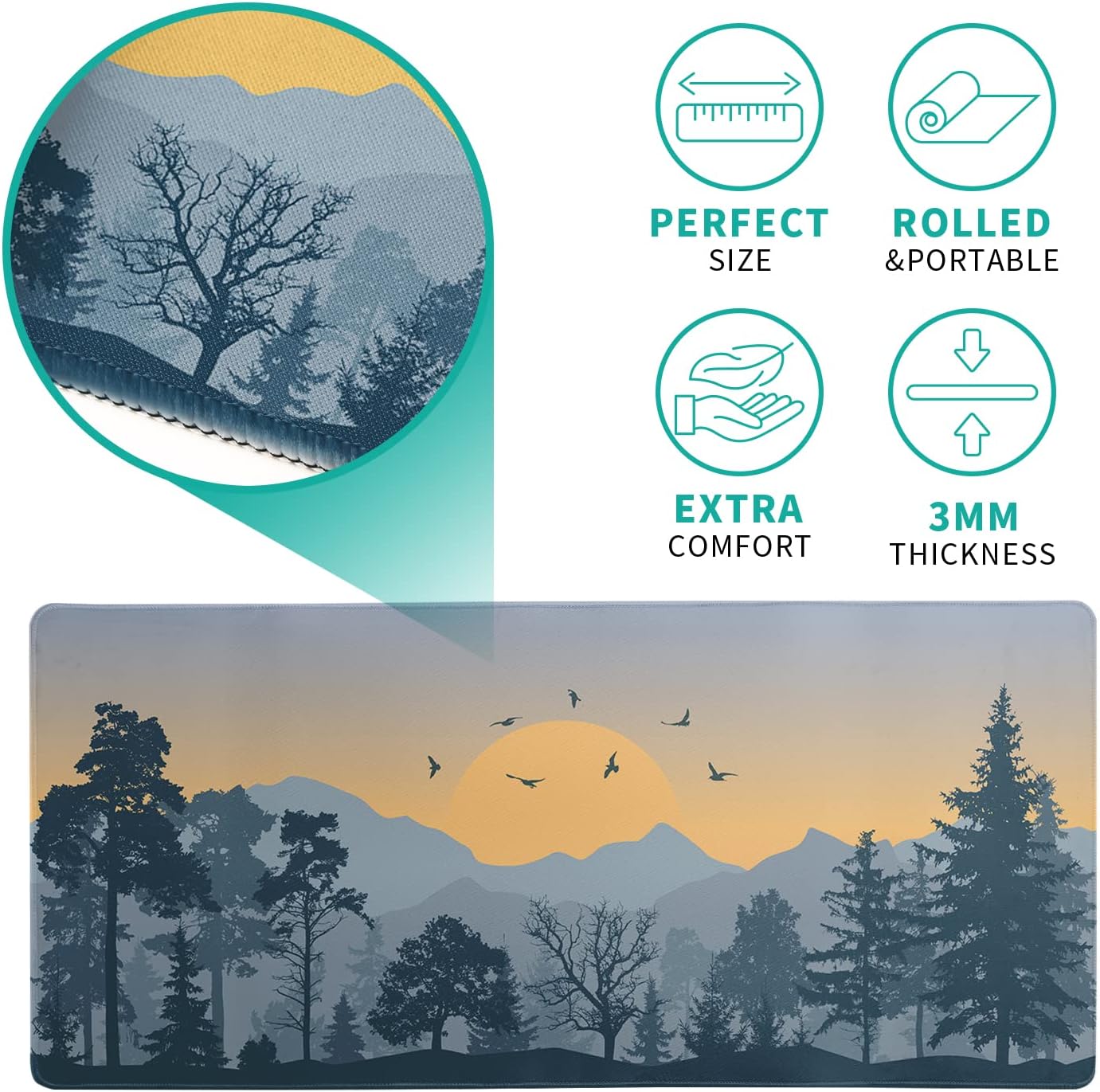 Mountain Gaming Mouse Pad 31.5x11.8 Inch Forest Large Mousepad Extended Grey Mousepad Gaming Non-Slip Rubber Base Stitched Edges Keyboard Mouse Mat Desk Pad for Office Home and Game