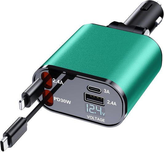 Retractable Car Phone Charger, 4 in 1 Fast Charge Car Phone Charger with 2 Retractable Cables(2.6ft) and 2 USB Ports, Compatible with iPhone15/14/15 Pro Max,Samsung (Bluish Green)