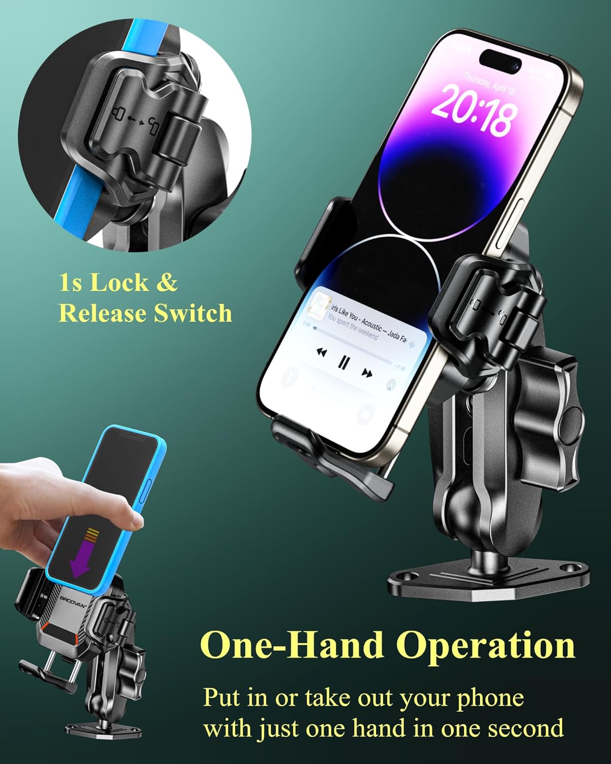 BRCOVAN Anti-Theft Phone Mount Holder with Vibration Dampener [Camera Friendly] [1s Lock & Release], with Aluminum Diamond Base & Medium Arm for Car Boat Truck Motorcycle UTV ATV Fit 5.4-7.2'' Phone