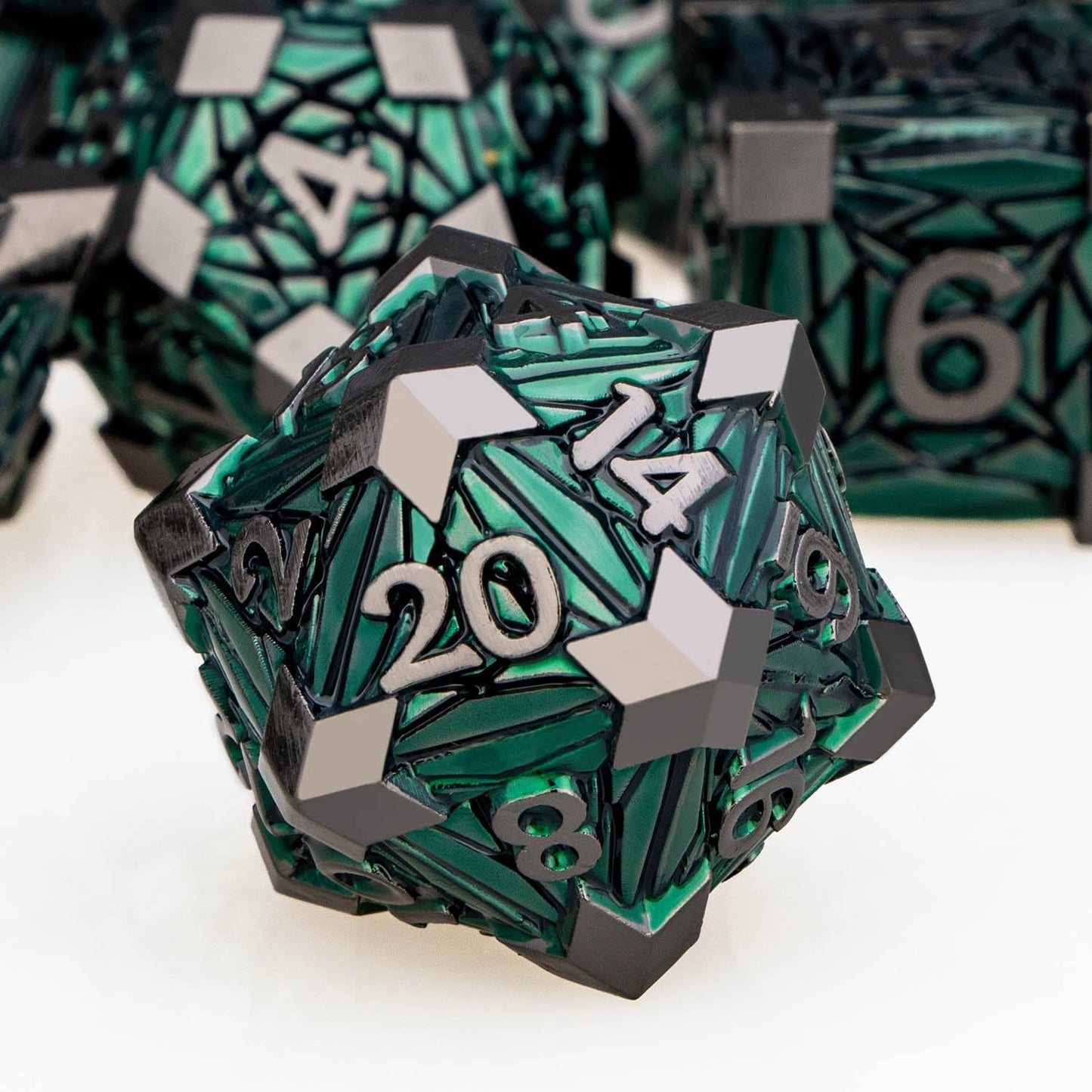 7PCS Metal DND Dice Set with Box, Debris RPG Green D and D Dice for use with D&D Tabletop Games Role Playing Game Polyhedral Dice Set D20 D12 D10 D8 D6 D4
